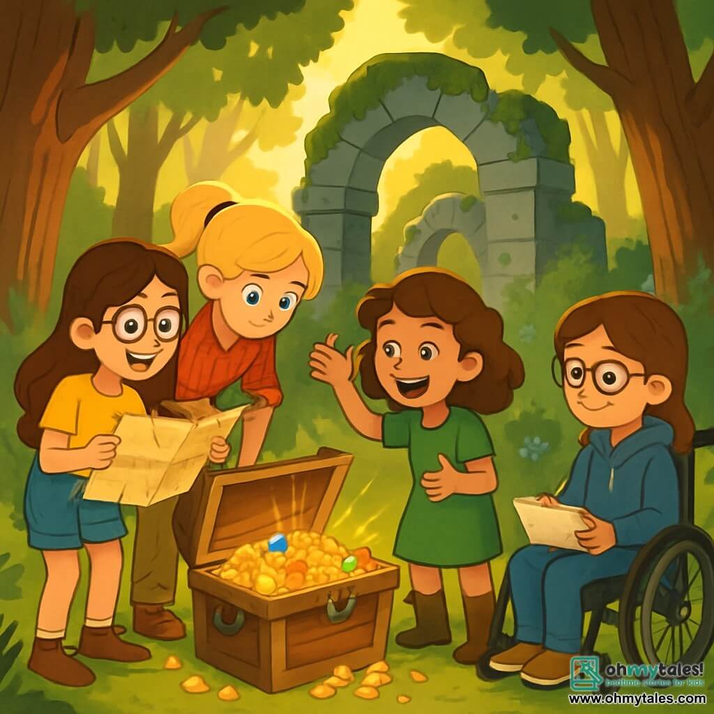 There are four children: Mia, a 10-year-old girl with long brown hair and round glasses, wearing a yellow t-shirt and denim shorts, holding a treasure map with excited eyes; Sarah, an 11-year-old girl with straight blonde hair in a ponytail, wearing a red plaid shirt and cargo pants, leaning over the map to examine the details; Emma, a 10-year-old girl with curly brown hair, dressed in a green dress and rubber boots, making an enthusiastic gesture as if telling a story, with a big smile on her face; and Lila, an 11-year-old girl in a wheelchair with brown hair and glasses, wearing a blue hoodie and jeans, sitting by a tree, holding a sketchbook and drawing the scene. The main setting is an enchanted clearing in a dense forest, surrounded by large, gnarled trees filtering sunlight into golden rays. At the center, an ancient stone ruin covered in moss and wildflowers adds mystery to the atmosphere. The main situation shows the four friends discovering hidden treasure in the ruin, with expressions of surprise and wonder on their faces, surrounded by sparkling gold coins and colorful jewels, as a gentle ray of light illuminates the scene, creating a magical and adventurous ambiance.