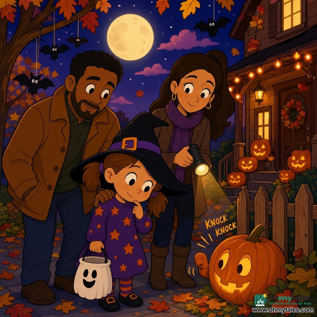 A curious, shy 4-year-old girl with a round face and light brown pigtails smiles while wearing a small crooked black witch hat, a purple starry dress, and holding a white candy bucket with a smiling ghost; her father (about 35) with a short beard and warm amused expression stands behind her left with a hand on her shoulder in a brown autumn coat, and her mother (about 33) with long tied hair and a reassuring smile stands slightly to the right holding a warm flashlight. The scene is nighttime in front of a house with a wooden fence, carved pumpkins on the porch, orange string lights, paper bats in the trees, falling red, orange and yellow leaves, and a pale yellow moon with pink clouds; the girl tilts her head listening attentively to a small "tap tap" coming from a pumpkin by the fence, creating a warm, slightly mysterious, colorful atmosphere.