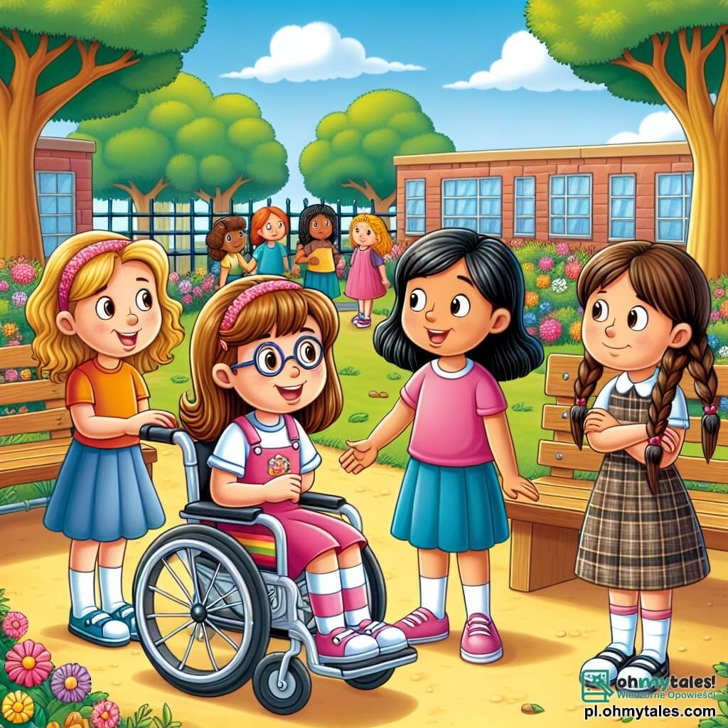 W słonecznym szkolnym ogrodzie cztery dziewczynki stoją razem. Zosia, 10-letnia dziewczynka, siedzi w kolorowym wózku inwalidzkim, ma brązowe włosy i okulary, uśmiechając się życzliwie. Po jej prawej stronie Ania, 10-letnia dziewczynka o kręconych blond włosach, nosi różową koszulkę i entuzjastycznie gestykuluje podczas rozmowy. Po lewej stronie Zosi Kasia, 10-letnia dziewczynka z gładkimi czarnymi włosami, ma na sobie niebieską sukienkę i uważnie słucha, z założonymi rękami. Na końcu Małgosia, 10-letnia dziewczynka z brązowymi warkoczami, lekko pochyla się do przodu, pokazując swoje zainteresowanie zdecydowanym spojrzeniem. Ogród jest pełen kolorowych kwiatów, z drewnianymi ławkami i jasnoniebieskim niebem usianym białymi chmurami. Drzewa dają cień, tworząc spokojną i przyjazną atmosferę. Główna sytuacja pokazuje cztery przyjaciółki poważnie rozmawiające wokół Zosi, która wyraża wsparcie dla swojej przyjaciółki Oli, która czuje się smutna z powodu złych komentarzy, które otrzymała w Internecie. Dziewczynki trzymają się za ręce, symbolizując swoją solidarność i determinację, aby pomóc Oli przezwyciężyć tę próbę.