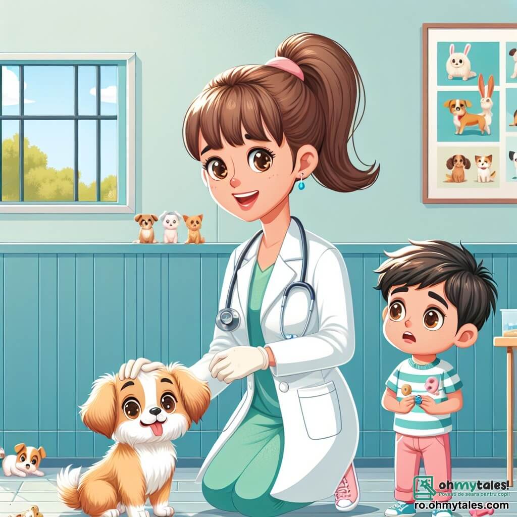 Scena o arată pe Dr. Ana, o femeie veterinar zâmbitoare de aproximativ treize ani, cu părul castaniu prins într-o coadă de cal. Ea poartă un halat alb și mănuși de latex, examinând cu blândețe o cățelușă numită Bella, cu blană aurie și ochi strălucitori. Dr. Ana are o expresie de concentrare și bunătate. Lângă ea se află Luca, un băiat de 8 ani, cu părul brun ciufulit, purtând un tricou albastru cu un model de animale. El o privește cu uimire pe Bella, ținând în mâini un morcov, pregătit să i-l ofere. Ilustrația se desfășoară într-un cabinet veterinar călduros, cu pereți vopsiți în verde pastel, postere cu animale și jucării pentru animale împrăștiate pe podea. O fereastră lasă să intre lumina soarelui, iluminând încăperea. Situația principală o arată pe Dr. Ana liniștind-o pe Bella, în timp ce Luca se apropie cu blândețe, pregătit să ofere morcovul cățelușei, creând astfel un moment de tandrețe și conexiune între ei.