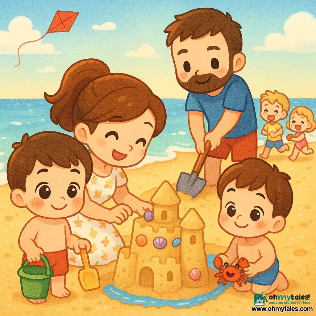 A 4-year-old chubby boy with short brown hair and a shy-then-brave smile and rosy cheeks holds a green bucket and yellow shovel; his mother (about 30) kneels nearby in a floral dress with her hair tied, helping place shells on a central sandcastle with round towers, colorful shells and a small water-filled moat; his father (about 32) with a short beard and blue T-shirt stands behind digging a moat with a larger shovel; two other children (a laughing 5-year-old boy and a 4-year-old girl with light hair) run nearby holding a small crab; golden sandy beach, sparkling blue waves, pastel sky with white clouds and a red kite; warm, bright, saturated colors, simple rounded textures, composition centered on the child and castle.