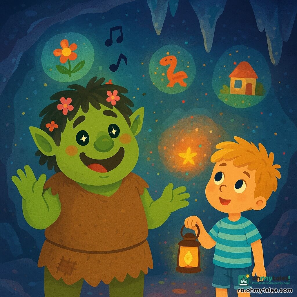 Un ogre cu fața blândă și zâmbitoare, cu pielea de culoare verde și ochi strălucitori, se află în centrul scenei. Se numește Bujor și cântă vesel, iar vocea lui răsună în aerul proaspăt al minei. Lângă el, un băiat de 8 ani, pe nume Vasile, cu părul blond și ochi curioși, îl privește cu uimire. Este îmbrăcat cu un tricou cu dungi și pantaloni scurți din denim, ținând o mică lanternă care le luminează calea. Decorul se desfășoară într-o mină subterană magică, cu stalactite strălucitoare și pereți de piatră lucioși, iluminate de scântei colorate care dansează în jurul lor. Bujor și Vasile descoperă o scânteie luminoasă, care pulsează în ritmul muzicii ogreului, umplând spațiul cu căldură și magie, în timp ce amintiri ale trecutului plutesc în jurul lor sub formă de imagini colorate.