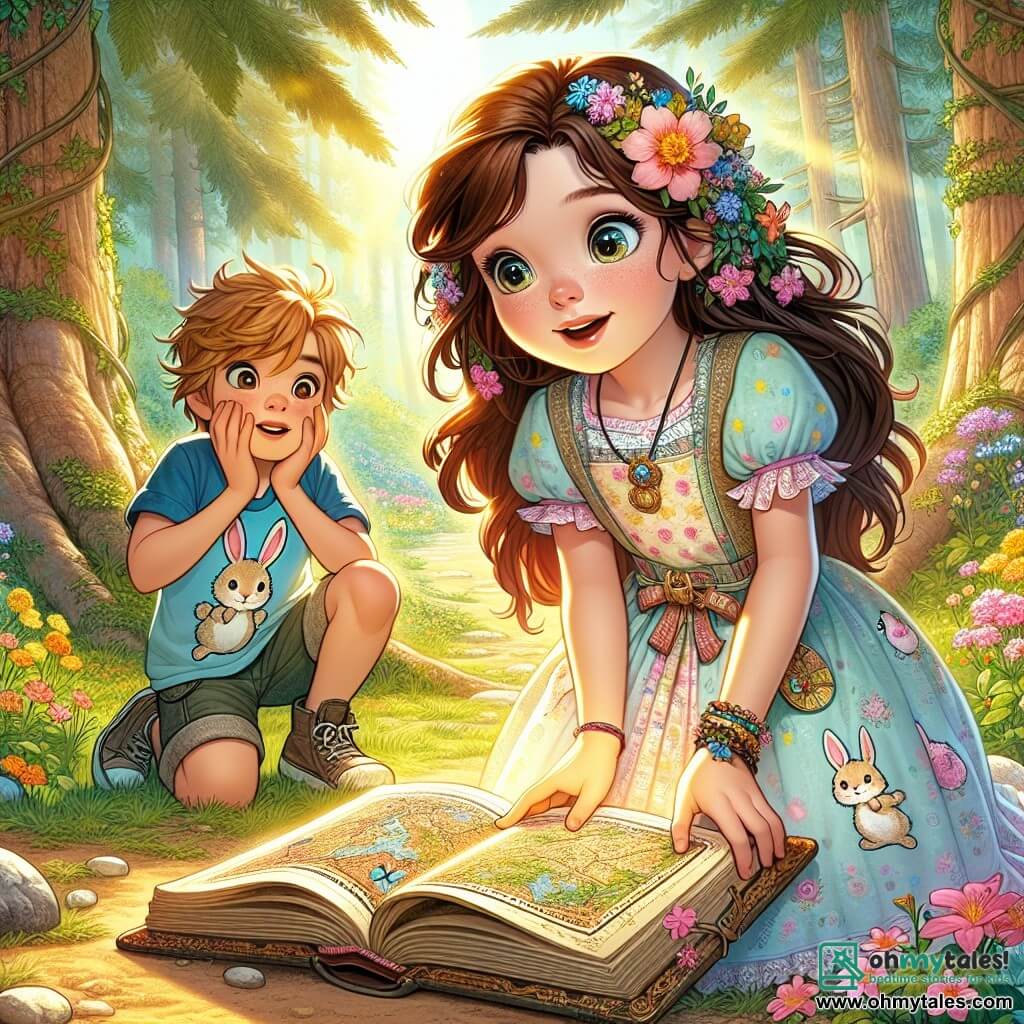 A 12-year-old girl named Lily stands at the center of the scene, her eyes shining with curiosity and wonder. She has long brown hair braided with colorful flowers and wears a pastel dress adorned with bunny and Easter egg patterns. She is crouched down, holding an old book open in her hands, captivated by a mysterious map emerging from it. Next to her, her 7-year-old brother Max, with messy blond hair, eagerly looks over her shoulder. He wears a blue t-shirt with a bunny design and shorts, his eyes sparkling with excitement, ready to discover hidden treasure. The setting is an enchanted clearing surrounded by tall, gnarled trees covered in flowering vines. Sunlight filters through the leaves, illuminating colorful wildflowers that dance gently in the breeze. In the center of the clearing, a large ancient rock is decorated with mysterious engravings, adding a touch of magic to the environment. The main scene shows Lily and Max discovering a secret passage in the rock, with a bright light emanating from within, revealing a world of treasures and magic. They are about to embark on this new adventure, their faces lit up with excitement and curiosity.