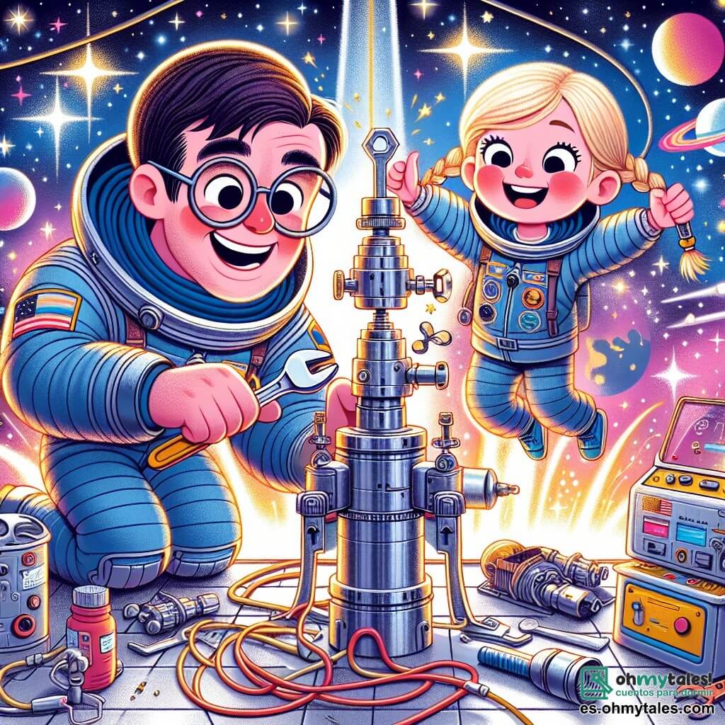 Tito, un hombre de cabello castaño y gafas redondas, está reparando una estación espacial. Lleva un traje espacial azul y muestra una gran sonrisa, reflejando su determinación y alegría por cumplir su misión. Cerca de él, una niña llamada Luna, de unos 8 años, observa con asombro. Tiene el cabello rubio trenzado y lleva un traje espacial rosa. Sostiene una pequeña herramienta y parece lista para ayudar a Tito. La escena se desarrolla en la inmensidad del espacio, con estrellas brillantes de fondo y planetas coloridos flotando alrededor de la estación espacial. La estación, de metal plateado, está rodeada de cables y herramientas dispersas, creando una atmósfera de trabajo dinámica. Tito utiliza su llave mágica para reparar un panel de control de la estación, mientras que Luna, llena de entusiasmo, le pasa una herramienta. La imagen captura el espíritu de aventura y camaradería en el fascinante universo del viaje espacial.