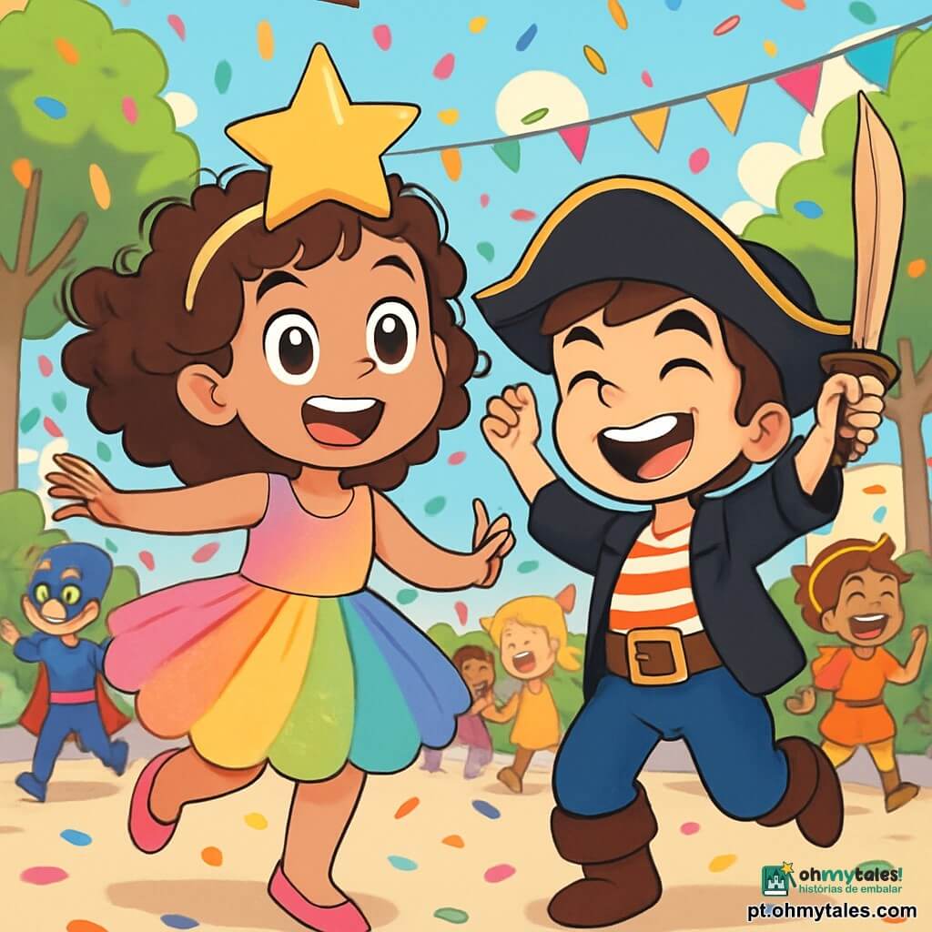 Uma menina de 10 anos, Luísa, com grandes olhos brilhantes e cabelos cacheados castanhos, usa um lindo vestido de tule colorido e uma estrela dourada brilhante na cabeça. Ela dança alegremente, um grande sorriso iluminando seu rosto, cercada por confetes coloridos que caem do céu. Ao seu lado, Miguel, um menino de 10 anos, vestido de pirata com um chapéu preto e uma espada de madeira, ri levantando os braços, pronto para dançar. A cena acontece em uma rua animada, rodeada de árvores verdes, onde faixas coloridas flutuam ao vento. Grupos de crianças em fantasias variadas dançam e se divertem, criando uma atmosfera festiva e alegre. Luísa e Miguel, no centro da festa, dançam juntos, cercados de risadas e música, celebrando o espírito do carnaval com uma energia contagiante e uma alegria radiante.