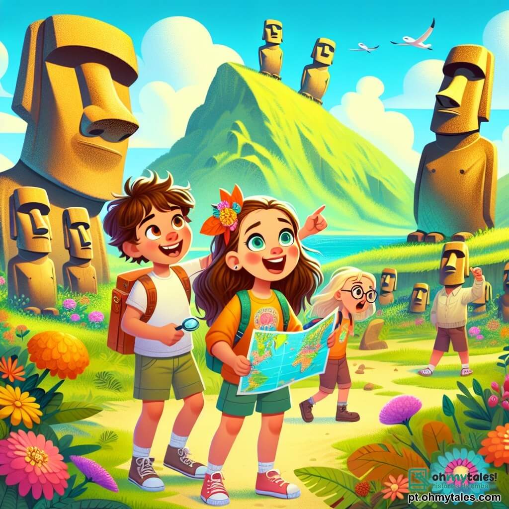 Uma menina de 10 anos, chamada Lia, com longos cabelos castanhos e olhos brilhantes de curiosidade, está no centro da imagem, sorridente e cheia de deslumbramento. Ela usa uma camiseta colorida e um short, segurando um mapa na mão e olhando ao redor com empolgação. À sua direita, Miguel, um menino de 10 anos com cabelos bagunçados e um grande sorriso, aponta para uma estátua de moai, com os braços levantados em sinal de entusiasmo. À esquerda, Sara, uma menina de 9 anos com cabelos loiros e óculos redondos, observa atentamente uma flor gigante, com os olhos arregalados de fascinação. O cenário é a magnífica Ilha de Páscoa, com imponentes estátuas moai ao fundo, cercadas por vegetação luxuriante e um céu azul radiante. A situação principal mostra Lia, Miguel e Sara em plena exploração, descobrindo as maravilhas da ilha, com um sentimento de aventura palpável no ar, enquanto se preparam para viver um dia inesquecível.