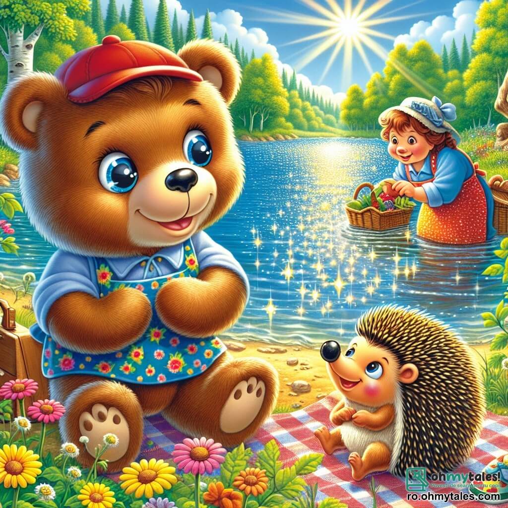 Un ursuleț adorabil, pe nume Matei, cu blană moale de culoare maronie și ochi strălucitori de curiozitate, stă pe marginea unui lac strălucitor, cu un zâmbet larg pe față. Poartă o pălărie roșie și ține o piatră colorată în picioare, admirând cu uimire reflexiile soarelui pe apă. Lângă el, un arici simpatic pe nume Daniel, cu țepi aurii și un nas mic negru, se apleacă pentru a admira florile sălbatice de lângă lac, având o expresie veselă și curioasă. Mai departe, părinții lui Matei, o mamă urs cu un sort cu flori și un tată urs robust cu o pălărie de pescar, se așează pe o pătură cu carouri, zâmbind și pregătind un picnic. Lacul este înconjurat de copaci verzi luxurianți, cu raze de soare filtrând prin frunze, creând un joc de lumină magic pe apă. Libelulele colorate zboară în jur, adăugând o notă de viață scenei. Situația principală îi arată pe Matei și Daniel în plină explorare, uimiți de frumusețea naturii, pregătiți să descopere comorile ascunse ale lacului și să împărtășească râsete și aventuri împreună.