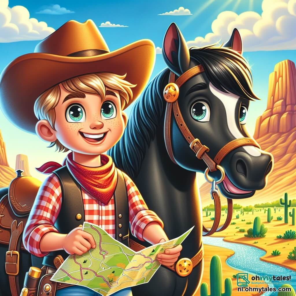 Een jonge cowboy, Billy, een jongen van ongeveer 10 jaar, met een grote cowboyhoed en een rood geruite shirt, glimlacht enthousiast. Zijn stralende ogen tonen zijn opwinding terwijl hij de teugels van zijn paard, Bliksem, een prachtig zwart paard met een glanzende manen, vasthoudt. Naast hem staat Sam, een andere jongen van 10 jaar, met een bril en een kaart in de hand, met een vastberaden uitdrukking. Het landschap is uitgestrekt en zonnig, met gouden heuvels, verspreide groene cactussen en een glinsterende rivier die door het terrein slingert. In de verte rijst de hoge Cactusberg majestueus op onder een helderblauwe lucht met donzige witte wolken. De hoofdscène toont Billy en Sam die hun avontuur plannen om de mysterieuze goudvallei te vinden, hun gezichten verlicht door opwinding en avontuurlijke geest.
