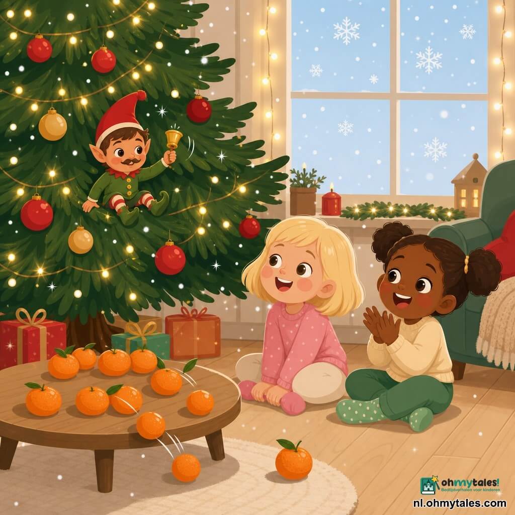 Drie personages: Mila, bijna 3 jaar, kort blonde haar, ronde wangen, roze sokken, links voor de kerstboom zittend en glimlachend naar de rollende mandarijnen; Noor, bijna 3 jaar, bruin haar in staartjes, fonkelende ogen, groene sokken, rechts naast Mila zittend en klappend van vreugde; een klein kerstelfje, ±20 cm, puntmuts rood, groene jas met gouden knopen, ondeugende ogen en dunne snor, op een lage tak van de boom en een belletje luidend. Locatie: warme woonkamer met grote kerstboom versierd met rode en gouden ballen en gele lichtjes, lichte houten vloer, lage tafel met rij rollende oranje mandarijnen, groene kerstkrans aan de muur en raam met lichtblauwe lucht en enkele vlokjes, zacht licht. Situatie: het elfje laat een bel rinkelen waardoor zilveren glitters als kleine sneeuw vallen, mandarijnen rollen als knikkers, de meisjes lachen en wijzen verrast en blij.
