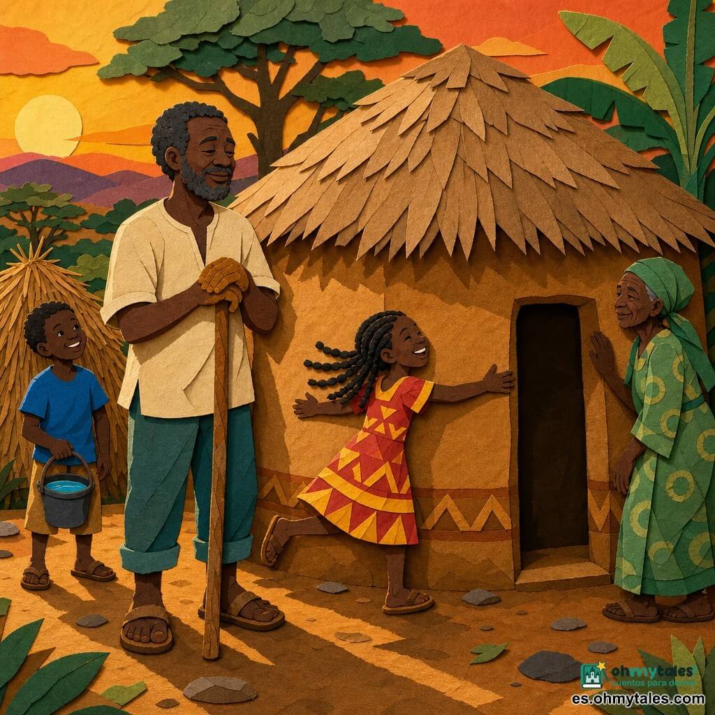 Kofi, hombre de unos 50 años, sonriente y cansado, piel marrón oscuro, manos callosas con tierra ocre, sostiene un palo de madera pulida que acaba de clavar frente a la choza y la mira con calma y orgullo; Awa, niña de unos 12 años, trenzas, vestido rojo y amarillo, ríe y corre alrededor de la choza con los brazos abiertos a la izquierda de Kofi; la abuela, mujer de unos 75 años, piel arrugada y pañuelo verde, apoya la palma en la pared de tierra frente a la entrada, un poco a la derecha, con rostro sereno y agradecido; Sadiq, niño de unos 8 años con camiseta azul, sostiene un pequeño cubo de agua y mira a Kofi con admiración cerca de un montón de paja detrás de él; la choza tiene muros de tierra lisos color arena y ocre, techo de palma trenzada marrón claro, puerta rectangular pequeña y ventanas sin cristal; suelo tipo patio despejado con algunas piedras y hojas; ambiente de luz dorada de tarde, sombras largas, colores cálidos saturados, texturas tipo papel rasgado visibles y siluetas nítidas, sensación de comunidad y logro sencillo.