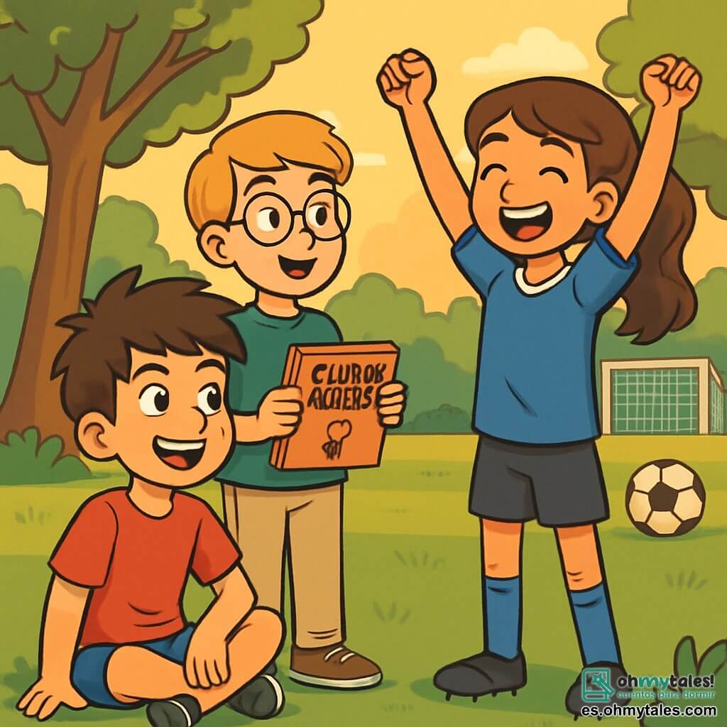 Hay 3 personajes: - Lucas: un niño de 12 años, con el cabello castaño alborotado y ojos brillantes de curiosidad. Lleva una camiseta roja y un pantalón corto azul, y está sentado en la hierba, con una sonrisa decidida en el rostro. - Samuel: un niño de 12 años, con cabello rubio y gafas redondas. Está vestido con una camiseta verde y pantalones beige, y se encuentra de pie junto a Lucas, sosteniendo un cuaderno lleno de notas. - Sofía: una niña de 12 años, con cabello largo y ondulado, recogido en una coleta. Lleva una camiseta de fútbol azul y un pantalón corto negro, y está haciendo un gesto de victoria con los brazos levantados, de pie frente a sus amigos. El lugar es un parque verde, bañado por la luz dorada del sol poniente. Grandes árboles con hojas exuberantes rodean a los niños, y un campo de fútbol es visible al fondo, con un balón sobre la hierba. La situación principal muestra a Lucas, Samuel y Sofía, reunidos para discutir su proyecto del Club de la Igualdad. Intercambian ideas con entusiasmo, sus rostros iluminados por la pasión de hacer un cambio.