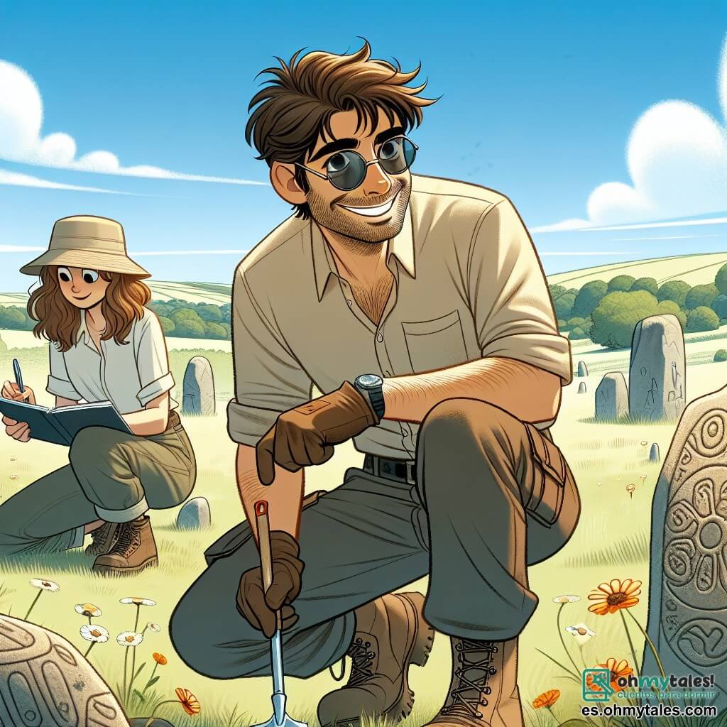 Un hombre arqueólogo, Jaime, está en el centro de la imagen, con cabello castaño ligeramente despeinado y gafas de sol. Sonríe con emoción y sus ojos brillan de curiosidad. Lleva una camisa de manga corta beige, pantalones cargo y botas de senderismo, sosteniendo una pequeña pala en una mano y un broche de metal en la otra, descubriendo un tesoro antiguo. A su lado, su colega Marta, una joven de 25 años con cabello largo y castaño, está inclinada sobre un cuaderno de notas. Lleva un sombrero de sol y una blusa ligera, tomando notas con expresión concentrada. El fondo es un extenso campo verde con flores silvestres y piedras antiguas, bajo un cielo azul con nubes blancas. Se pueden ver colinas suaves y árboles majestuosos a lo lejos, creando una atmósfera pacífica e histórica. La escena principal muestra a Jaime desenterrando un gran menhir adornado con símbolos celtas, mientras Marta toma notas sobre los hallazgos. La emoción y curiosidad se reflejan en sus rostros, ilustrando su pasión por la arqueología y el descubrimiento de los misterios del pasado.