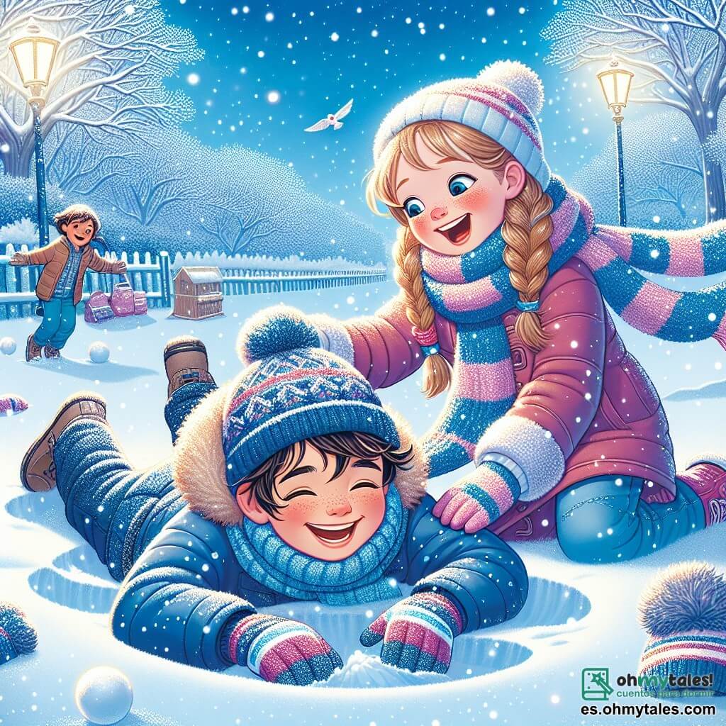 Un niño de 9 años, Lorenzo, con el cabello castaño despeinado y mejillas rosadas, está tumbado en la nieve, riendo a carcajadas mientras hace un ángel de nieve. Lleva un grueso abrigo azul, un gorro a juego y guantes de colores, con los ojos brillando de alegría. A su lado, su mejor amiga Carla, una niña de 9 años con trenzas rubias y una sonrisa radiante, lo observa riendo, sosteniendo una bola de nieve lista para lanzar. Ella viste una chaqueta rosa brillante y una bufanda a rayas, añadiendo un toque de color a la escena invernal. El decorado es un parque encantado, cubierto de una espesa capa de nieve brillante bajo un cielo azul claro, con majestuosos árboles cuyas ramas están cargadas de nieve, creando una atmósfera mágica y alegre. La situación principal muestra a Lorenzo y Carla jugando en la nieve, rodeados de copos que caen suavemente, capturando el espíritu del invierno y la magia de la infancia.