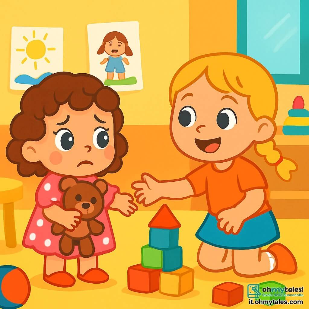 Una bambina di 2 anni, con grandi occhi brillanti e capelli ricci, indossa un vestito rosa a pois bianchi. Ha un'espressione curiosa e un po' spaventata, tenendo saldamente il suo orsetto di peluche. Accanto a lei, un'altra bambina di 3 anni, con capelli biondi intrecciati e un sorriso splendente, le tende la mano per invitarla a giocare. Si trovano in un'aula luminosa, piena di muri colorati, disegni di bambini e giocattoli sparsi sul pavimento. Al centro della stanza, le due bambine stanno costruendo una torre di blocchi colorati, circondate da risate e giochi, mentre Anna, la bambina di 2 anni, è ancora indecisa se lanciarsi nell'avventura.