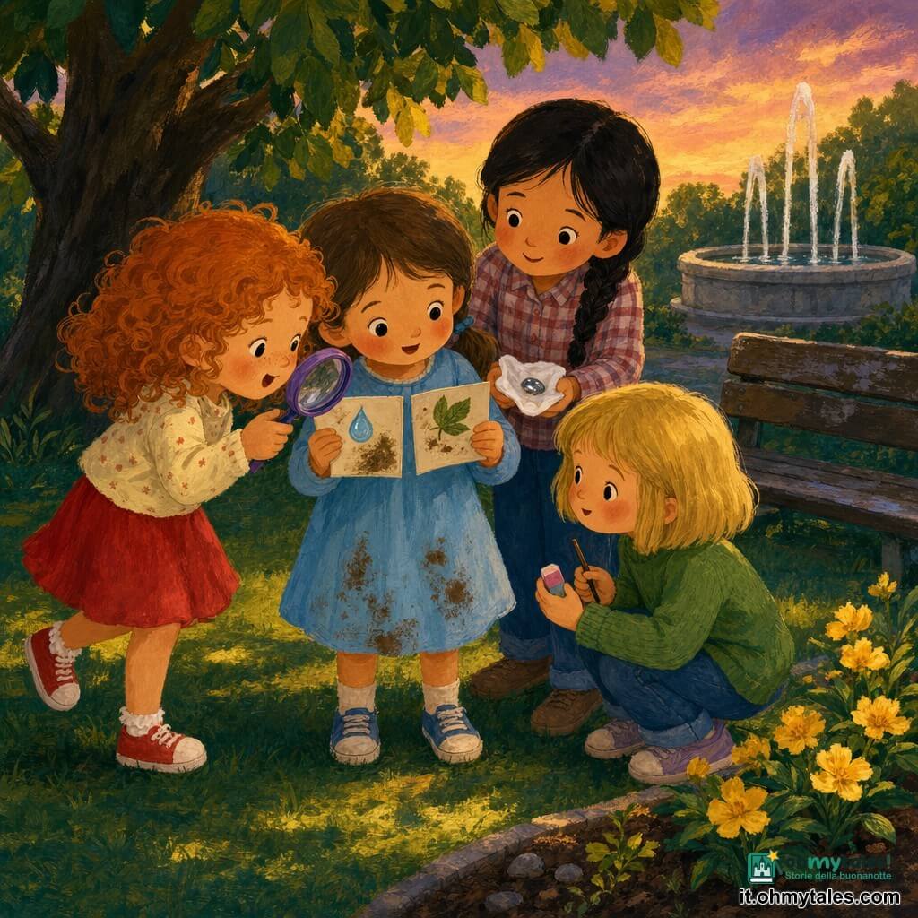 Ci sono quattro bambine di circa 5 anni: Lila, castana con due codini e un vestito azzurro sporco di terra, in piedi al centro sinistra con due carte antiche piegate aperte; Nora, bionda a caschetto col maglione verde, accovacciata a destra con una gomma e una matita che guarda le carte; Pina, rossa e riccia con gonna rossa, salta in punta di piedi a sinistra con una lente di plastica e uno sguardo meravigliato; Dada, mora con treccia e camicia a quadri, è dietro di loro con un piccolo foulard bianco e una pietra lucente sopra. Siamo in un parco della scuola al crepuscolo dipinto a guazzo: erba verde texturizzata, un grande castagno a sinistra, una fontana rotonda a destra con tre sottili getti, un vecchio banco e qualche fiore giallo; le bambine confrontano due carte, una ingiallita e una più nitida, le mani si avvicinano, la lente indica una piccola goccia disegnata, la pietra brilla sul foulard, atmosfera curiosa e complice con colori caldi e tratti larghi.