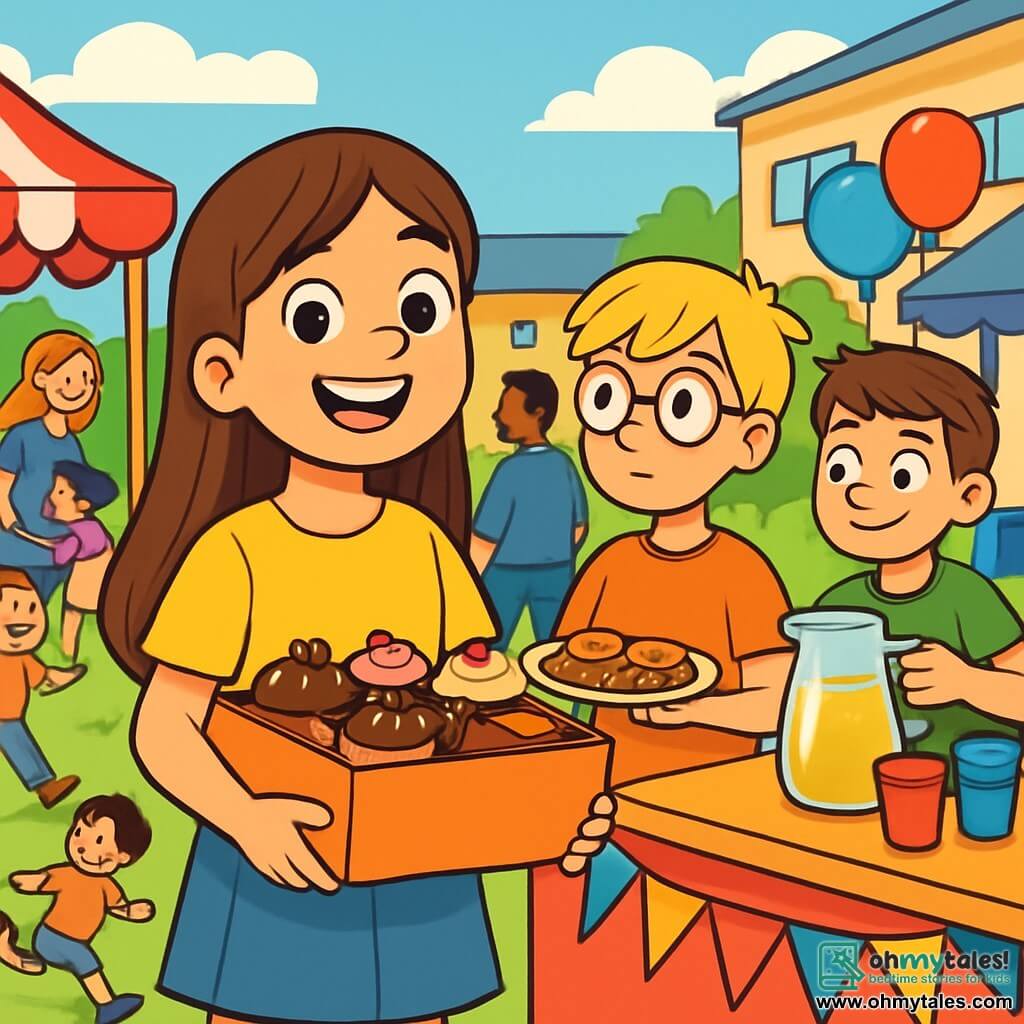 A 10-year-old girl named Lily, with long brown hair and sparkling curious eyes, joyfully smiles while holding a box filled with delicious cakes. She wears a bright yellow t-shirt and a denim skirt, and her face radiates excitement and determination. Next to her, a 10-year-old boy named Max, with messy blonde hair and round glasses, holds a plate of cookies, focused on the approaching crowd. Another friend, Sam, a 9-year-old boy with brown hair and a mischievous smile, pours lemonade into colorful plastic cups, standing behind a table decorated with garlands. 

The scene takes place in a lively schoolyard filled with colorful stands, floating balloons, and smiling families. Children run around while parents chat happily, creating a festive and warm atmosphere. 

Lily and her friends are organizing a bake sale to help families in need, surrounded by people enthusiastically buying their delicious creations, bringing a sense of solidarity and joy.