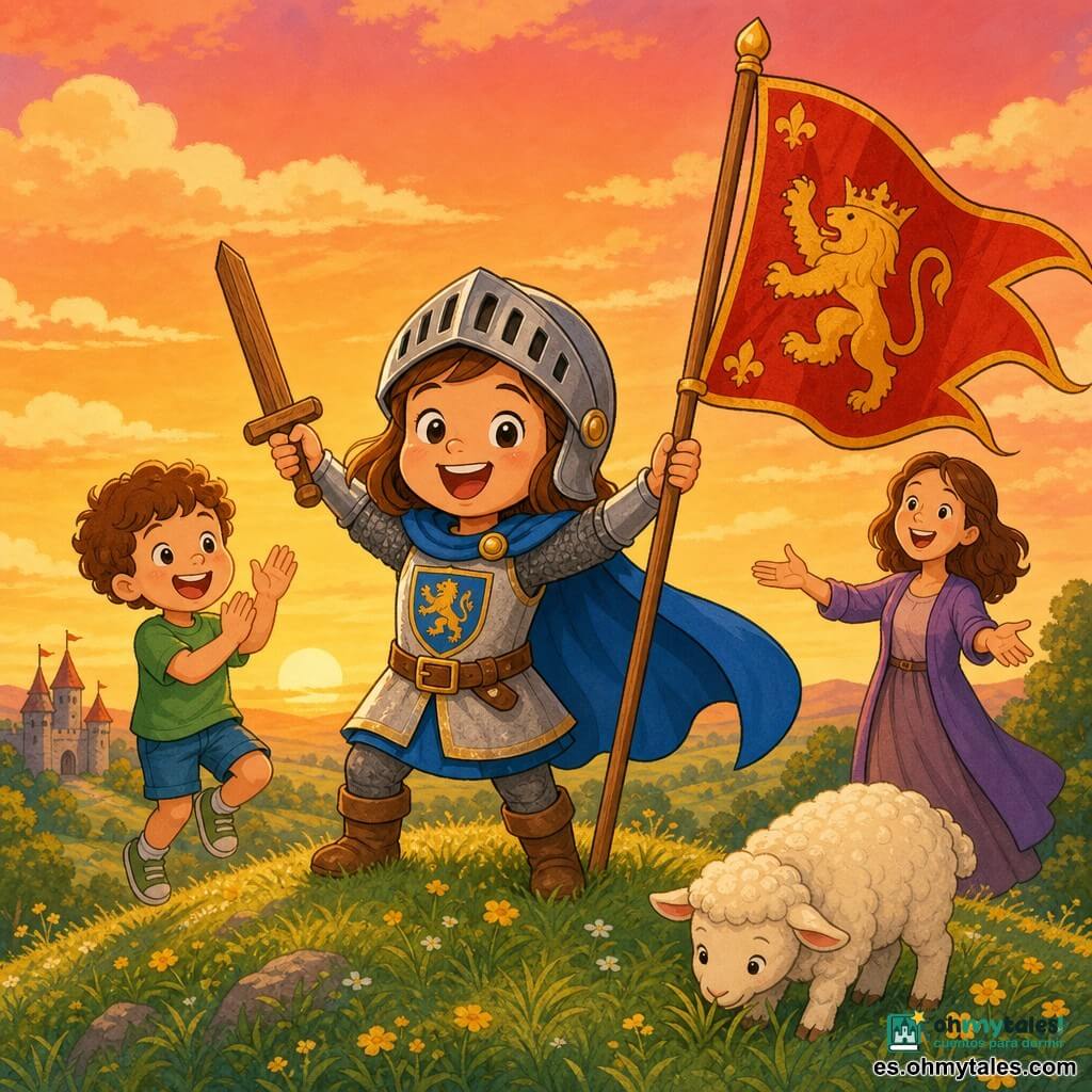 La caballera es una niña de rostro redondo y sonriente, casco metálico brillante y capa azul vivo que ondea, sostiene una espada de madera en una mano y alza una gran bandera roja y dorada con la otra, en postura orgullosa y alegre; a su izquierda un amigo, un niño de unos 6 años, pequeño y de cabello rizado, aplaude saltando con una camiseta verde; al fondo a la derecha su madre, mujer de rostro dulce, anima con los brazos abiertos; a los pies de la colina pacen una pequeña ovejita blanca de lana rizada; el lugar es una suave colina cubierta de hierba verde con flores amarillas al atardecer, cielo naranja y rosa con nubes esponjosas; escena principal: la caballera alza la bandera en la cima mientras sus amigos y su madre aplauden, atmósfera cálida, colores saturados, contornos gruesos y formas simples aptas para niños pequeños.