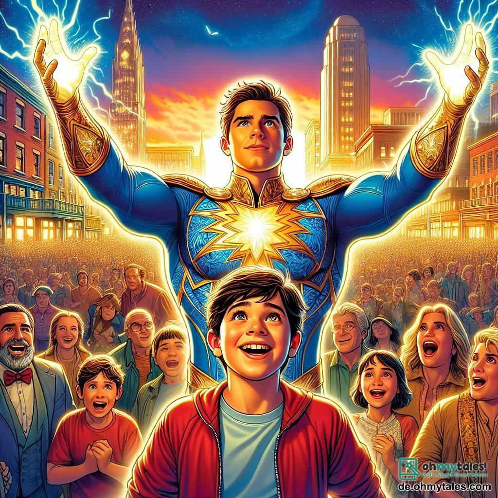 Im Zentrum des Bildes steht ein Mann namens Lumos stolz mit erhobenen Armen zum Himmel, bekleidet mit einem leuchtend blauen Anzug, der mit goldenen Mustern verziert ist. Sein Gesicht zeigt eine intensive Entschlossenheit, mit strahlenden Augen und einem selbstbewussten Lächeln, während ein Lichtstrahl aus seinen Händen strömt und seine Umgebung erhellt. Neben ihm steht ein etwa 10-jähriger Junge mit zerzausten braunen Haaren und einem roten T-Shirt, der begeistert die Arme hebt, mit weit aufgerissenen Augen der Bewunderung. Er schreit vor Freude, ermutigt durch den Mut von Lumos. Im Hintergrund versammelt sich eine Gruppe von Menschen jeden Alters, darunter Erwachsene und Kinder, deren Gesichter Hoffnung und Aufregung zeigen, während sie sich darauf vorbereiten, Lumos zu helfen. Die Szene spielt im Herzen von Nova Metropolis, wo moderne Gebäude mit glitzernden Glasfassaden unter der untergehenden Sonne strahlen, während ein Himmel voller warmer Farben mit leichten Wolken verschmilzt. Die Hauptsituation zeigt Lumos, der seine Lichtkräfte einsetzt, um ein Feuer zu bekämpfen, das ein Gebäude verwüstet, während die Bürger ihre Kräfte vereinen, um ihm zu helfen, und eine Atmosphäre von Solidarität und Hoffnung schaffen.