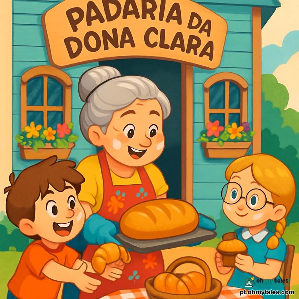Dona Clara, uma mulher de meia-idade com cabelos grisalhos presos em um coque e olhos brilhantes de alegria, sorri calorosamente enquanto retira um pão dourado e crocante do forno. Ela usa um bonito avental floral e tem manchas de farinha nas bochechas, evidenciando seu trabalho árduo. Ao lado dela, Pedro, um menino de 8 anos com cabelos castanhos bagunçados e um sorriso travesso, estende as mãos para um croissant quentinho, com os olhos brilhando de excitação. Ana, uma menina de 7 anos com tranças loiras e óculos redondos, observa atentamente Dona Clara, segurando um pequeno bolo nas mãos, pronta para experimentar. A cena acontece em frente à charmosa padaria de Dona Clara, com uma fachada de madeira pintada de azul pastel, janelas decoradas com flores coloridas e uma grande placa de madeira indicando "A Padaria da Dona Clara". Mesas pequenas estão dispostas do lado de fora, decoradas com toalhas xadrez e cercadas por risadas de crianças. A situação principal mostra Dona Clara compartilhando suas deliciosas criações com as crianças do bairro durante uma grande degustação, preenchendo o ar com uma atmosfera alegre e o aroma de pão fresco e doces.