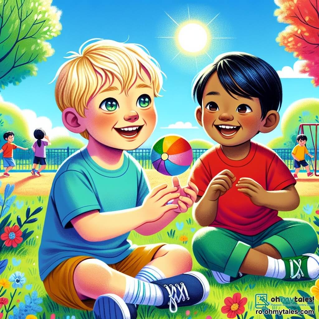 Un băiat de 4 ani, Alex, cu părul blond și ochii strălucitori de curiozitate, zâmbește vesel în timp ce aruncă o minge mică colorată. Poartă un tricou albastru și pantaloni scurți, stând într-un parc însorit, înconjurat de verdeață. Lângă el se află Aki, un alt băiat de 4 ani, cu părul negru lucios și ochi migdalați, care râde încercând să prindă mingea. Aki poartă un tricou roșu și un șort verde, fiind ușor retras, pregătit să sară pentru a prinde mingea. Locul este un parc de joacă vibrant, cu copaci înfloriți, leagăne colorate și un cer albastru deschis presărat cu nori albi pufoși. Situația principală arată cum Alex și Aki se joacă împreună, ilustrând prietenia lor în devenire și bucuria de a împărtăși momente împreună, în ciuda diferențelor culturale.