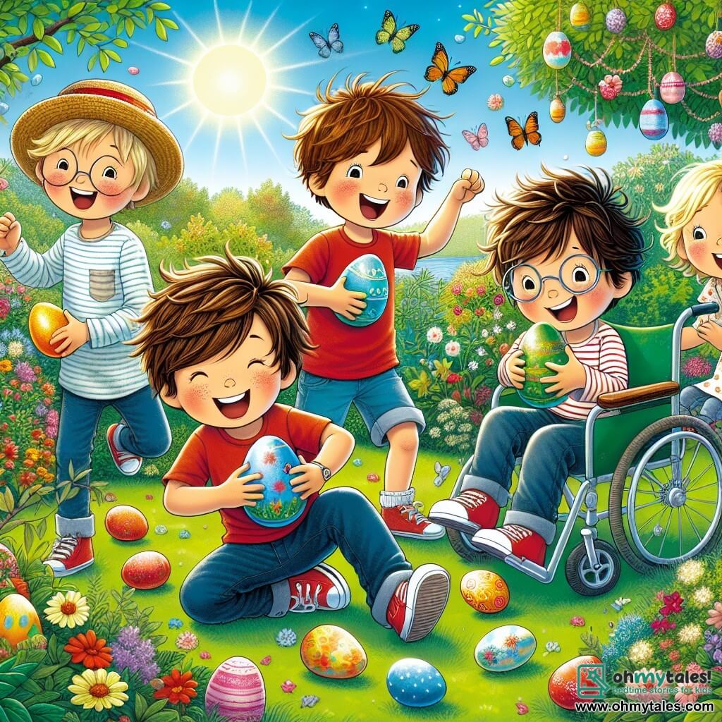 In a sunny garden, four boys are on an Easter egg hunt. Max, an 8-year-old with messy brown hair and a red t-shirt, is crouched by a bush, holding a shiny blue egg. Next to him, Leo, a 7-year-old with blond hair and round glasses, jumps for joy upon finding a yellow egg hidden under a flower. Ben, a 6-year-old with brown hair and a straw hat, is running toward a tree with a big smile, holding a pink egg. Finally, Sam, a 9-year-old in a wheelchair, smiles widely as he looks at his friends, holding a decorated green egg on his lap. The garden is filled with colorful flowers, fluttering butterflies, and sparkling Easter decorations hanging from the trees. The sky is bright blue, and the sun shines joyfully, creating a festive atmosphere. The four friends are searching for hidden eggs, laughing and encouraging each other in a spirit of joy and friendship, ready to discover the surprises Easter has in store for them.