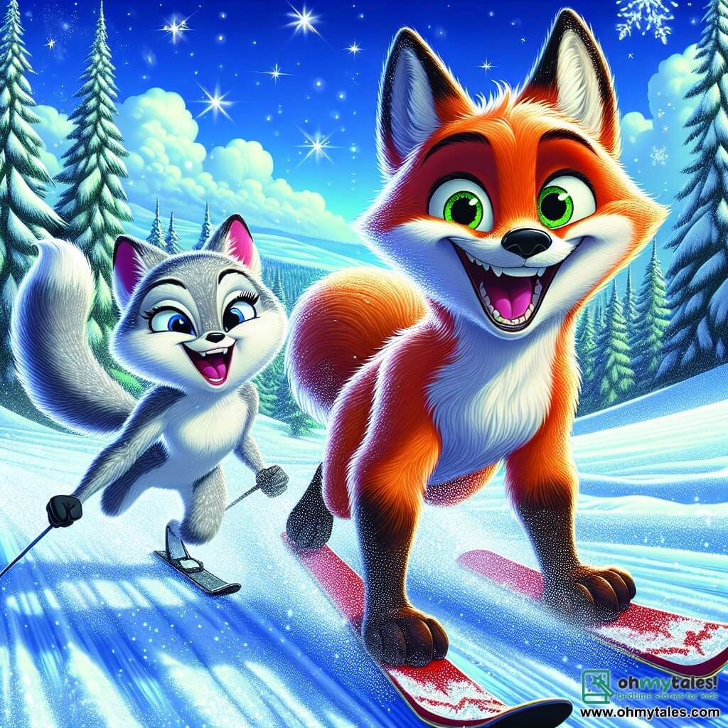 A clever young fox named Felix, with bright orange fur and sparkling curious eyes, joyfully glides on skis through a snowy landscape, wearing a wide smile of excitement. Beside him, a dynamic vixen, Luna, with silver fur and determined bright eyes, encourages him with an enthusiastic look, ready to support him in their race. The setting is a vast snowy meadow surrounded by majestic snow-covered fir trees, under a clear blue sky dotted with light clouds. The scene captures the energy of a friendly competition, with snowflakes swirling around them as they race down the slope, filled with joy and adrenaline.