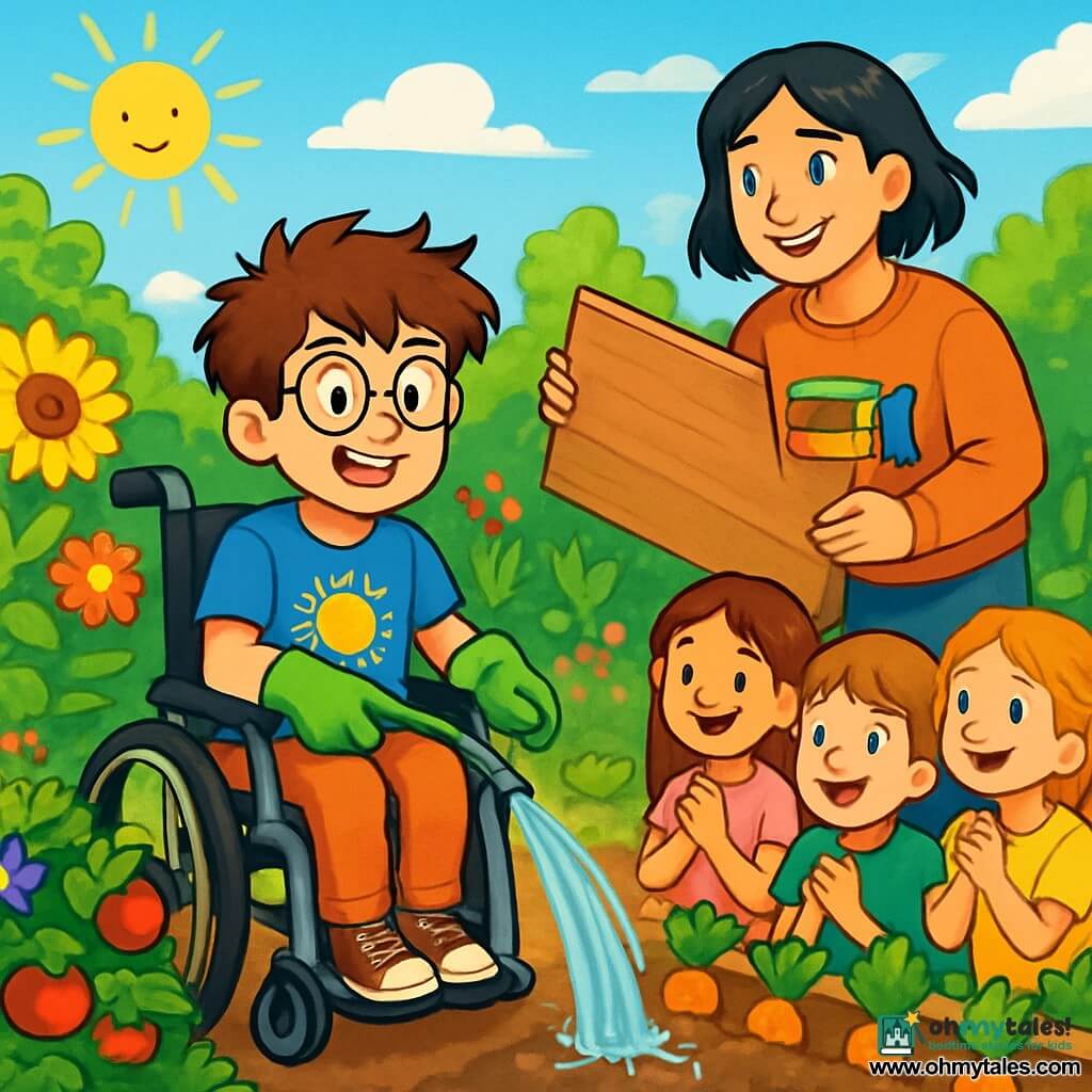 A 10-year-old boy named Theo is sitting in his wheelchair, with messy brown hair and round glasses. He has a big smile on his face, showing his determination and joy. He is wearing a blue t-shirt with a sun design and green gardening gloves. Next to him, a woman in her thirties, librarian Mr. Perez, is moving a large wooden board. She has black hair and is wearing a sweater with knitted books. They are in a vibrant community garden filled with colorful flowers and vegetables. The sky is blue with a few white clouds, and the sun is shining on the green leaves. The main scene shows Theo tending to the plants, gently watering the soil with a hose, while a small group of children watches him with admiration, creating an atmosphere of camaraderie and support.