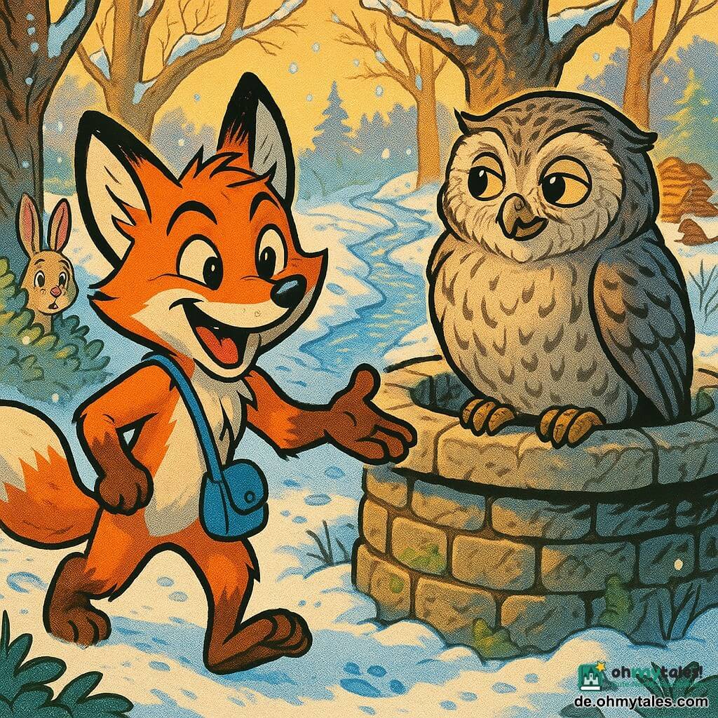 Ein junger anthropomorpher Fuchs namens Flink, fröhlich und entschlossen, mit lebhaften Augen und rötlichem Fell mit weißen Zeichnungen an Schnauze und Brust sowie einer blauen Stofftasche am Hals, lächelt verschmitzt und streckt die Pfote aus, während die alte, weise Eule Elsi mit graubraunen Federn und sanften Augen auf dem Rand eines alten Stebrunnens sitzt und ihm wohlwollend zulächelt; im Hintergrund links lugt der scheue Hase Hanno hinter einem Busch hervor, rechts glitzert ein schmaler Fluss zwischen verschneiten Ufern, in der Ferne sieht man schemenhafte Biber und aufgestapelte Holzplanken als Hinweis auf einen bevorstehenden kleinen Baukonflikt, alles in einem verschneiten Morgenwald mit verschneiten, verdrehten Baumstämmen, glitzernden Kristallen an den Zweigen, frischen Tierspuren und warmem Goldlicht — die Szene zeigt den Entscheidungs-moment, in dem Flink wählt, welchem kleinen Problem er helfen soll; warme, optimistische Stimmung, klare Komposition, kräftige Farben, scharfe Linien und gut lesbare Gesichtsausdrücke.