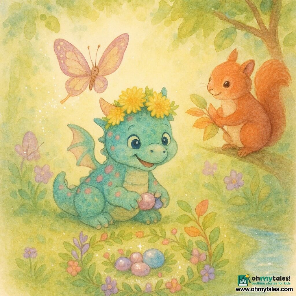 A playful, chubby little dragon with turquoise scaly fur and pink spots, big shiny eyes, smiling proudly with a dandelion crown and sparkling pebbles in its tiny paws, crouches before a shimmering garden admiring its work; a delicate butterfly (Flappy) with mauve-and-gold patterned wings flutters above, scattering luminous dust and sharing a knowing look with the dragon; a fluffy red squirrel (Ruby) with mischievous eyes stands on a low right-hand branch holding colorful leaves to offer; the setting is a mossy forest clearing with violet flowers and a glittering stream, golden sunlight filtering through leaves and soft shadows; the scene depicts a surprise for Mother's Day: a small magical garden of flowers, sparkling stones and multicolored leaves, in a tender pastel watercolor style with white gel-pen highlights for reflections and glitter.