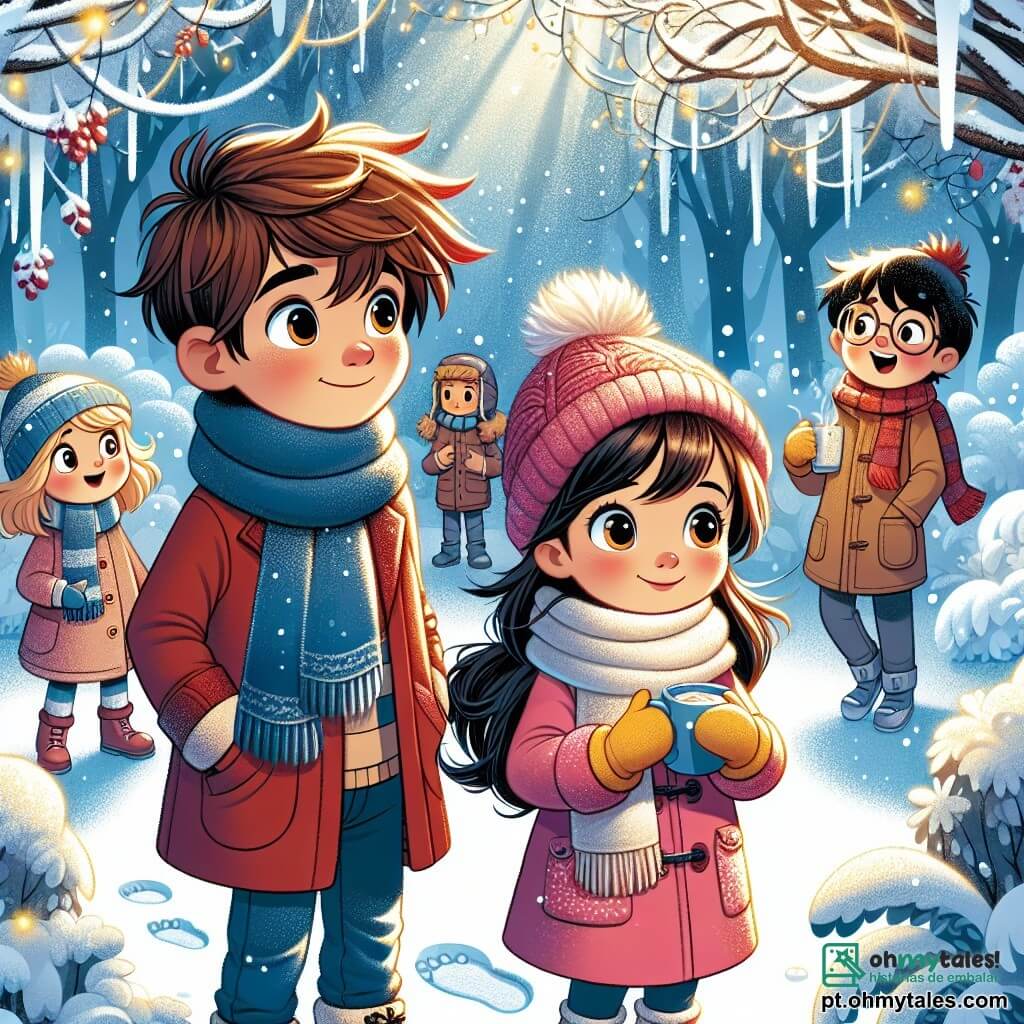 Um menino de 10 anos, chamado Tomás, com cabelos castanhos desgrenhados e olhos curiosos, está de pé em uma floresta nevada. Ele usa um grosso casaco vermelho, um cachecol azul e luvas amarelas, sorrindo maravilhado enquanto observa os flocos de neve caindo ao seu redor. Ao seu lado, Ana, uma menina de 9 anos com cabelos longos e castanhos, vestida com um casaco rosa e um gorro de lã, segura uma caneca de chocolate quente e olha para Tomás com um sorriso cúmplice. Miguel, um menino de 10 anos com cabelos negros e óculos, está um pouco atrás, apontando para uma pequena pegada na neve, com os olhos arregalados de excitação. A cena ocorre em uma floresta mágica, onde as árvores estão cobertas por uma espessa camada de neve brilhante, e o chão é coberto de flocos brancos. A luz do sol atravessa os galhos, criando reflexos que dançam na neve. As crianças estão em busca dos gnomos do inverno, ouvindo atentamente uma melodia suave que parece vir das profundezas da floresta, cheias de entusiasmo e imaginação.