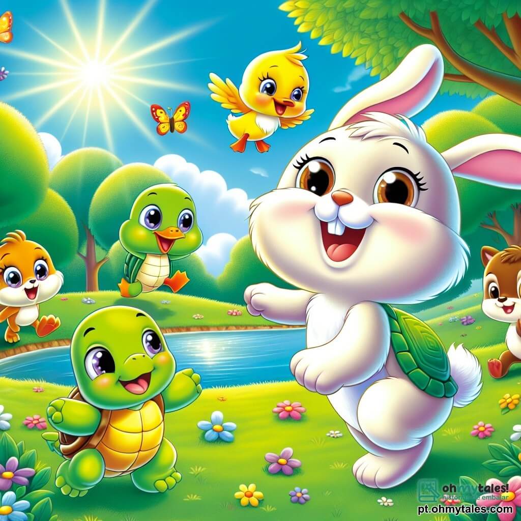 O personagem principal é um coelhinho chamado Beto, com pelagem macia e branca, grandes orelhas caídas e olhos brilhando de alegria. Ele salta de felicidade, sorrindo, em um parque ensolarado. Ao seu lado está Dudu, um pato amarelo-vivo com um bico laranja, que ri enquanto corre na grama verde. Lili, uma tartaruga pequena com uma carapaça verde e olhos travessos, avança lentamente, mas com um sorriso feliz, enquanto Nino, um esquilo marrom com grandes orelhas, sobe em uma árvore, olhando para os amigos com um ar travesso. O local é um parque de verão exuberante, repleto de flores coloridas, árvores majestosas e um lago brilhante sob o sol, com borboletas voando ao redor, adicionando um toque de magia ao ambiente. A cena principal mostra Beto e seus amigos brincando juntos, rindo e se divertindo, enquanto se dirigem ao lago para molhar os pés na água fresca, criando respingos alegres.