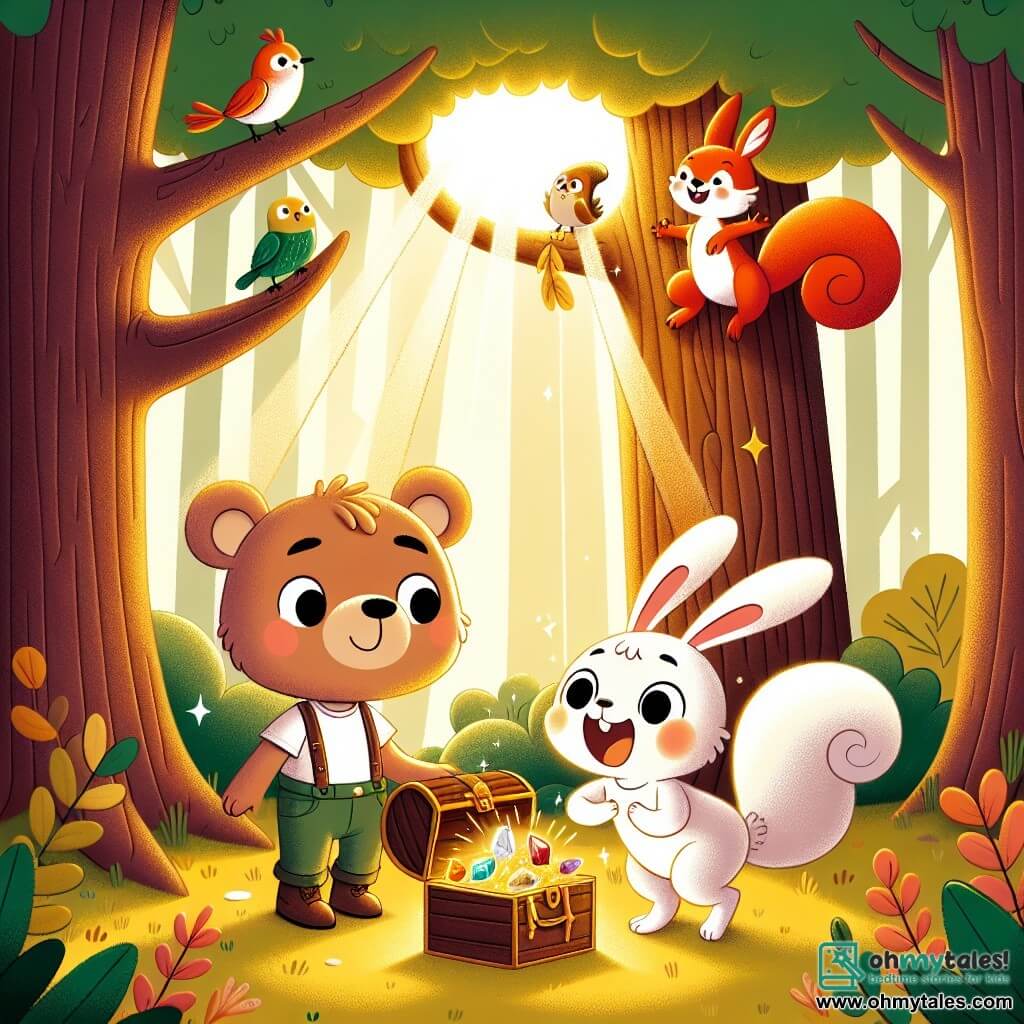 An illustration depicts a young teddy bear, a boy with soft brown fur and sparkling curious eyes, standing in front of a large hollow tree. He wears an expression of wonder and excitement, holding a treasure map in his paws. Next to him is a small bunny, a girl with white fur and long floppy ears, looking wide-eyed and full of enthusiasm, standing on her hind legs, ready to jump for joy. A squirrel, a boy with bright red fur and a bushy tail, climbs a branch above them, sporting a mischievous smile, eager to uncover the hidden treasure. The setting is an enchanted forest bathed in golden light, with majestic trees, vibrant green leaves, and colorful flowers surrounding them. The ground is covered in soft moss and shiny pebbles, adding a magical touch to the environment. The main scene shows the three friends discovering a treasure chest hidden in the tree trunk, filled with sparkling gemstones and colorful jewels, symbolizing their adventure and friendship. Sunbeams filter through the leaves, illuminating the scene, while birds cheerfully sing in the branches, creating an atmosphere of excitement and discovery.