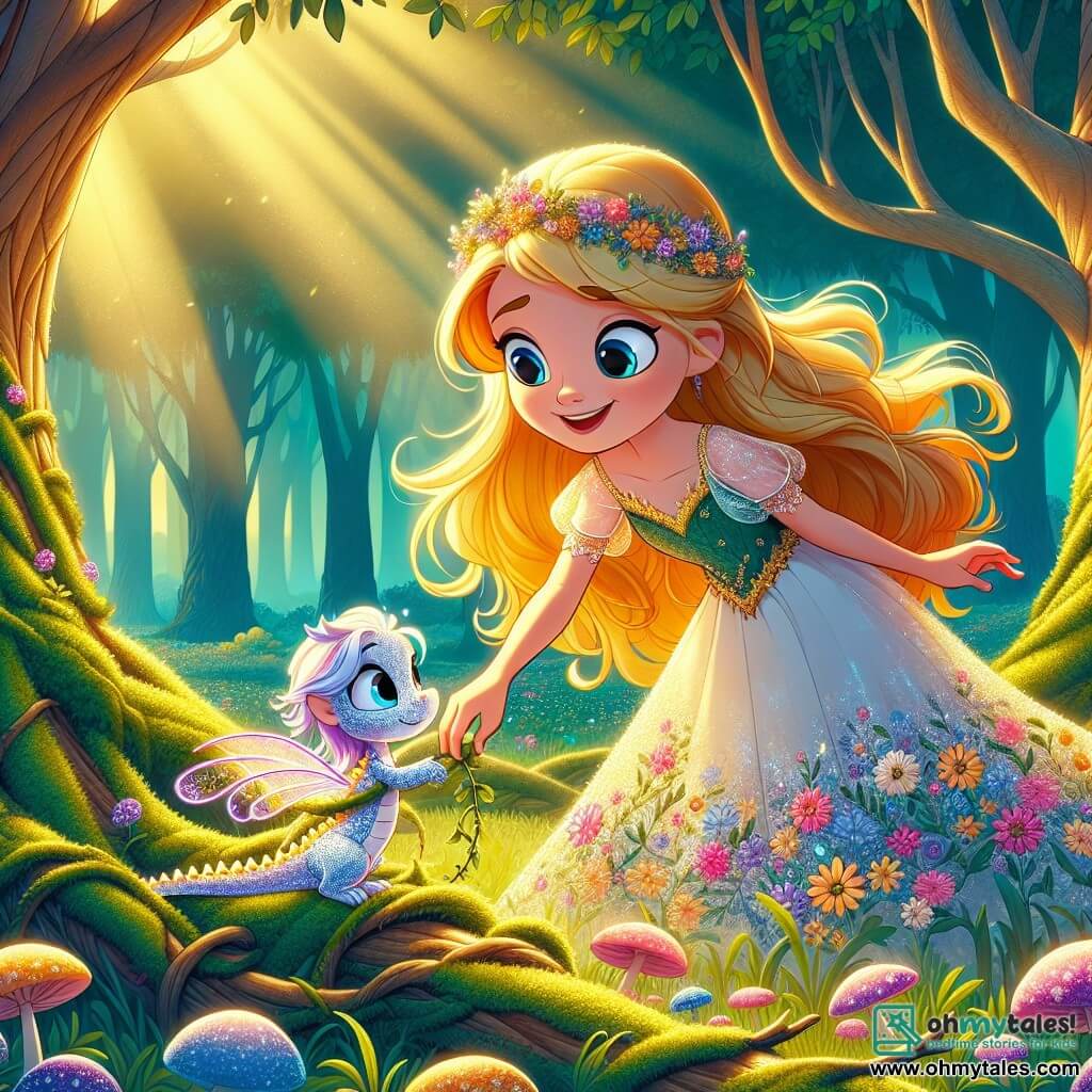 Princess Aria, a 12-year-old girl, is depicted with long golden hair shining in the sun, wearing a beautiful dress adorned with colorful flowers. She has a warm smile and sparkling eyes full of curiosity as she gently bends down to free a small silver dragon, Luna, caught in thorns. Luna, the dragon, is delicate with shimmering scales and translucent wings. He looks at the princess with gratitude, his eyes shining with emotion, as he gently flaps his wings, ready to take flight. The scene is set in an enchanted forest where majestic trees with thick trunks are covered in green moss. Rays of light filter through the foliage, illuminating the ground scattered with colorful flowers and mushrooms. The atmosphere is magical, filled with vibrant colors and the soft whispers of leaves. The main situation shows Princess Aria, full of courage and compassion, freeing the little dragon from the thorns, symbolizing friendship and bravery in the face of challenges.