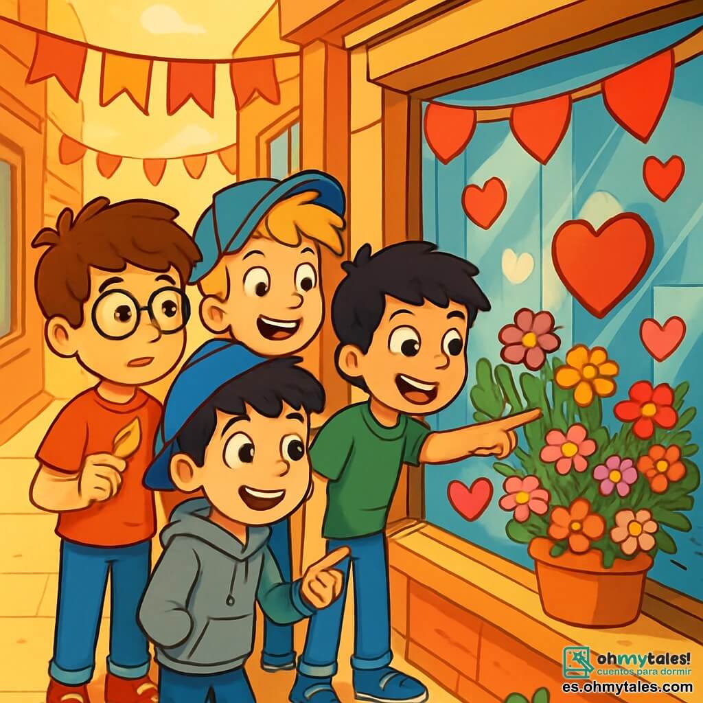 Hay 4 niños: - Lucas: un niño de 12 años, con cabello castaño y gafas redondas. Lleva una camiseta roja y zapatillas a juego. Sostiene un pétalo dorado en su mano y mira con curiosidad. - Tomás: un niño de 12 años, con cabello rubio desordenado y una gorra azul. Lleva una sudadera gris y está al lado de Lucas, sonriendo con entusiasmo. - Diego: un niño de 12 años, con cabello negro y ojos brillantes. Lleva una camiseta verde y jeans. Está señalando una vitrina de flores, emocionado por la aventura. - Joaquín: un niño de 12 años, con cabello castaño y una gran sonrisa. Lleva una camisa de cuadros y está detrás de Lucas, sosteniendo una galleta en forma de corazón. La escena principal tiene lugar en una encantadora calle decorada para San Valentín, con banderines rojos y dorados ondeando al viento. Las vitrinas de las tiendas están adornadas con corazones de papel y flores coloridas. Una suave luz dorada baña la escena, creando una atmósfera cálida y festiva. La situación principal muestra a los cuatro amigos reunidos frente a la vitrina de una papelería, fascinados por un misterioso sobre rojo brillante. Se intercambian miradas curiosas y emocionadas, listos para descubrir los secretos que les depara esta aventura llena de sorpresas y amistad.