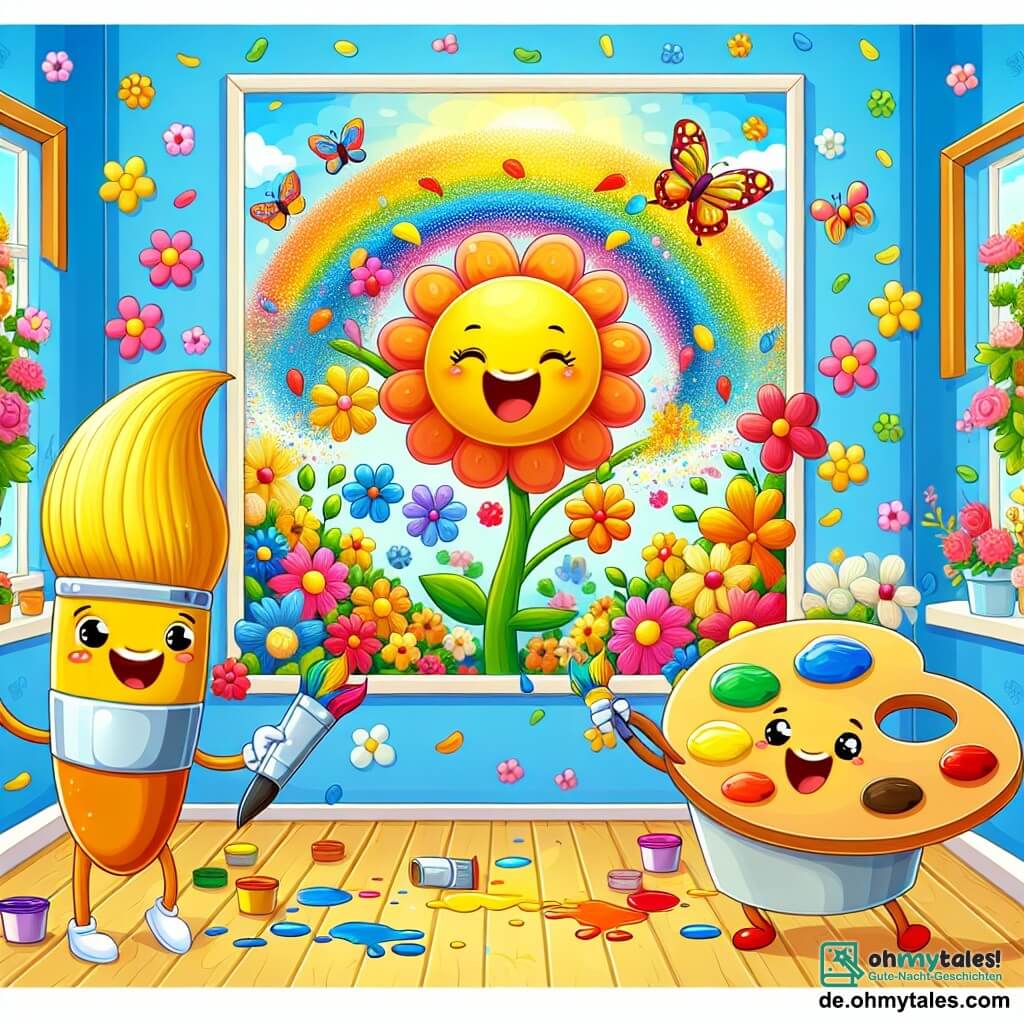 Ein fröhlicher Pinsel mit glänzenden gelben Borsten und einem langen, gebogenen Griff malt bunte Blumen an eine Wand, sein Ausdruck ist voller Begeisterung und Kreativität. Neben ihm hält eine lächelnde Farbpalette mit leuchtenden Tönen Farbtopf, ihre Augen funkeln vor Freude, während sie beim Mischen der Farben hilft. Der Hintergrund ist ein heller Raum, gefüllt mit natürlichem Licht, mit weißen Wänden, die sich allmählich in ein wunderschönes Frühlingswandgemälde verwandeln, geschmückt mit strahlenden Blumen und tanzenden Schmetterlingen. Die Hauptsituation zeigt den Pinsel und die Palette in voller Aktion, während sie den Raum in einen echten Frühlingsgarten verwandeln, während Lachen und Freude um sie herum erklingen.