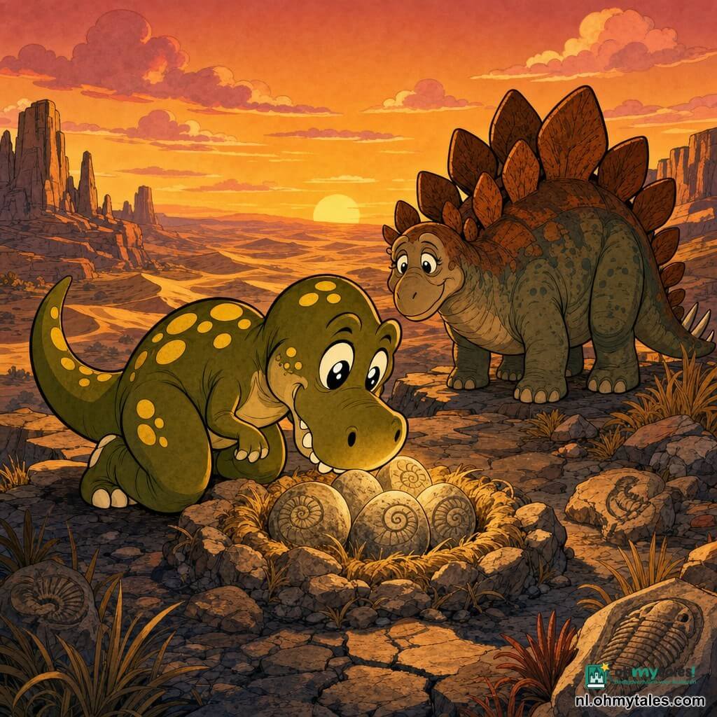 Een jonge Tyrannosaurus rex, verwonderd en glimlachend, olijfgroen met gele vlekken, knielt zacht en raakt met zijn snuit een fossiel nest met eieren aan, versierd met spiraalinscripties; Salvia, een oude, rustige stegosaurus met roestbruin schild en brede platen, staat rechts achter hem als waakzame gids. Het verloren plateau is een grote rotsachtige terras met uitzicht op gouden duinen, okerkleurige kliffen en barstende rotsen met ingesloten fossielen, droge grassprieten en een oranje zonsondergangshemel met roze wolken. De scène toont een kalm, magisch ontdekkingmoment bij schemering: Rex toont het lichtgevende eiernest terwijl Salvia waakt, met warme kleuren, sterke contrasten en een compositie gericht op de twee dinosauriërs en het nest.