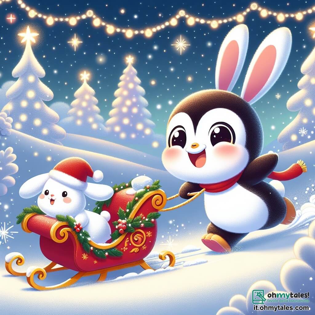 Un piccolo pinguino di nome Pino, con un ventre bianco e un dorso nero, sta spingendo con tutte le sue forze la slitta di Babbo Natale, mostrando un'espressione determinata e gioiosa sul suo viso. Accanto a lui, un adorabile coniglio bianco, con grandi orecchie e occhi scintillanti, guarda con entusiasmo, pronto ad aiutare, mentre salta nella neve. La scena si svolge in un paesaggio invernale incantevole, dove la neve brilla sotto un cielo stellato, con abeti decorati da luci sullo sfondo. La slitta, rossa e ornata di dorature, è bloccata nella neve profonda, e fiocchi di neve cadono dolcemente intorno a loro. Pino e il coniglio si sforzano insieme di liberare la slitta, simboleggiando lo spirito di aiuto e gioia del Natale.