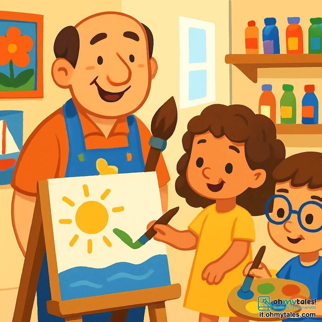 Un uomo, il signor Paolo, è in piedi nel suo piccolo studio d'arte. Ha un sorriso caloroso e occhi brillanti di gioia. Indossa un grembiule colorato, macchiato di vernice, e tiene un grande pennello in mano. Accanto a lui, una bambina, Sofia, di 7 anni, ha i capelli ricci e indossa un vestito giallo. Sta dipingendo una linea verde su una grande tela. Un ragazzo, Leo, di 6 anni, con occhiali e una maglietta blu, è un po' in disparte, mentre mescola colori su una tavolozza. Lo studio è pieno di luce, con pareti bianche e scaffali carichi di tubi di vernice colorata. Quadri dai colori vivaci sono appesi ovunque, creando un'atmosfera gioiosa e creativa. La scena mostra il signor Paolo, Sofia e Leo mentre creano insieme un magnifico quadro, pieno di colori brillanti, che rappresenta un grande sole, un campo verdeggiante e un oceano blu. Le risate e l'entusiasmo si leggono sui loro volti, illustrando la magia dell'arte e dell'amicizia.