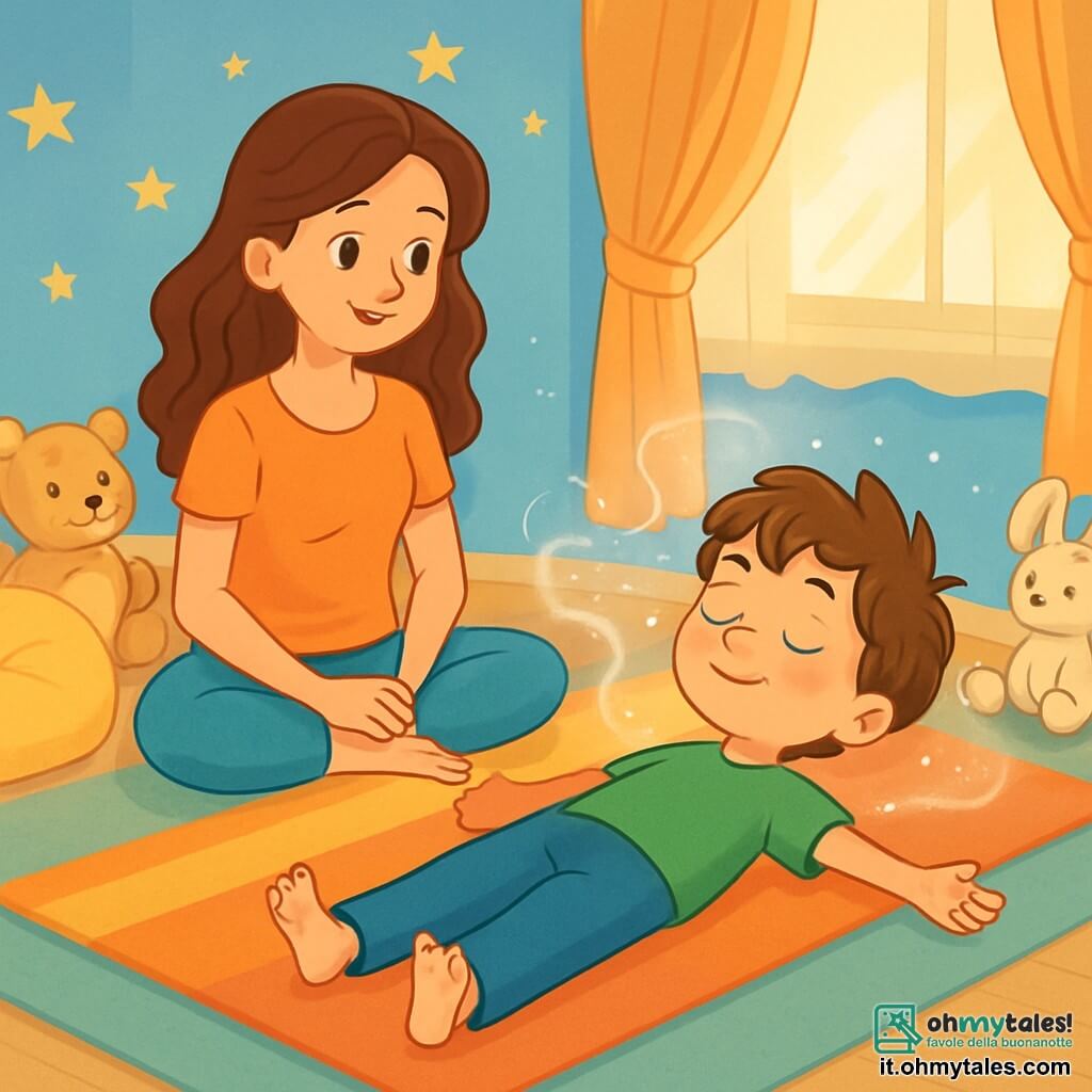 Un bambino di 6 anni, con capelli castani disordinati e grandi occhi scintillanti, è sdraiato su un tappeto di yoga morbido e soffice. Ha un sorriso sereno sul viso, le guance leggermente arrossate, e respira profondamente, con le braccia distese ai lati, come se stesse fluttuando in una nuvola di calma. Accanto a lui, sua madre, una donna di circa 30 anni con lunghi capelli ondulati, vestita con pantaloni comodi da yoga e una maglietta leggera, lo osserva con tenerezza. È seduta a gambe incrociate, con le mani sulle ginocchia, sorridendo calorosamente, creando un'atmosfera rasserenante. La stanza è accogliente, con pareti dipinte di blu pastello e stelle dorate che brillano sul soffitto. Un tappeto di yoga colorato è al centro della stanza, circondato da cuscini morbidi e peluche. Una luce soffusa filtra attraverso le tende, creando un'atmosfera calda e serena. La scena principale mostra il bambino mentre pratica una postura di yoga rilassante, inspirando profondamente, mentre una leggera e scintillante nebbia sembra fluttuare attorno a lui, simboleggiando pace e benessere.