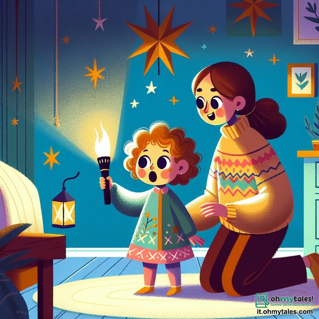 Una bambina di 2 anni, Sofia, con grandi occhi brillanti e capelli ricci castani, si trova al centro della sua camera, tenendo una torcia che illumina timidamente le pareti. Il suo viso esprime una leggera paura, ma anche curiosità, mentre guarda intorno a sé con la bocca a forma di "O". Accanto a lei, la mamma, una donna di circa trent'anni con lunghi capelli castani e un sorriso rassicurante, si inginocchia per essere alla sua altezza. Indossa un maglione morbido e colorato e tende la mano verso Sofia, mostrandole le stelle decorative sul muro. La camera è calda e accogliente, con pareti dipinte di azzurro chiaro, stelle dorate attaccate al soffitto e un tappeto morbido sul pavimento. Una lampada a forma di stella emette una luce soffusa, creando un'atmosfera magica. Sofia, un po' spaventata dall'oscurità, usa la sua torcia per esplorare le ombre della sua camera, mentre la mamma le parla dolcemente, mostrandole che il buio può essere un luogo sicuro e pieno di sogni da scoprire.