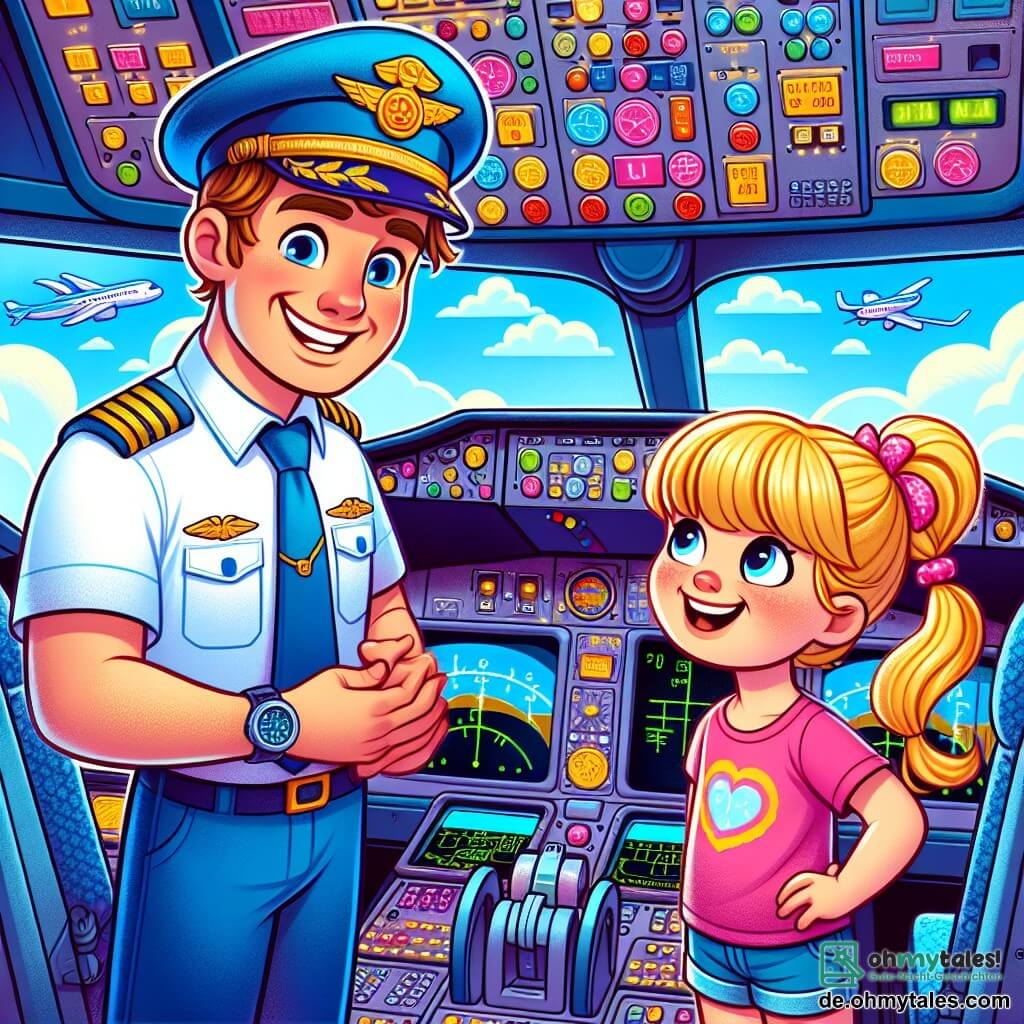 Ein lächelnder Pilot, ein etwa 30-jähriger Mann, trägt eine leuchtend blaue Uniform mit einer großen Mütze. Sein Gesicht strahlt vor Stolz und Aufregung, während er neben einem Cockpit steht, umgeben von bunten Knöpfen und blinkenden Lichtern. Neben ihm steht ein 7-jähriges Mädchen, Leni, mit blonden Zöpfen, das fasziniert zuschaut. Sie trägt ein pinkes T-Shirt und eine Jeansshorts, ihre Augen leuchten vor Bewunderung, während sie den Piloten beobachtet. Das Cockpit ist voller faszinierender Details: eine große Windschutzscheibe, die einen blauen Himmel mit weißen Wolken zeigt, glänzende Instrumente und helle Bildschirme. Die Hauptsituation zeigt den Piloten, der Leni erklärt, wie er das Flugzeug steuert, in einer fröhlichen und entdeckungsfreudigen Atmosphäre. Leni, gefesselt, stellt Fragen, während sie fest die Kante ihres Sitzes hält, bereit für das Abenteuer.