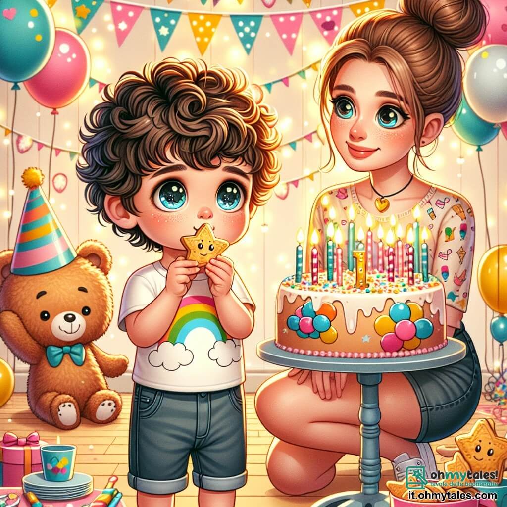 Un bambino di un anno, Leo, con capelli ricci e occhi brillanti, è al centro dell'immagine, sorridente mentre tiene un biscotto a forma di stella nelle sue piccole mani. Indossa una maglietta colorata con motivi di palloncini e un pantaloncino di jeans. Accanto a lui, sua madre, una donna di circa 30 anni con capelli castani raccolti in uno chignon e un sorriso caloroso, tiene una grande torta di compleanno decorata con candele colorate, guardando Leo con amore e orgoglio. In un angolo della stanza, un piccolo orsetto di peluche, vestito con un cappello festivo e con un grande sorriso, balla allegramente, aggiungendo un tocco di magia alla scena. L'ambientazione è un salotto luminoso e festoso, pieno di palloncini colorati e festoni scintillanti. La scena principale mostra Leo, meravigliato, pronto a soffiare le candeline della sua torta di compleanno, circondato da sua madre e dal suo amico orsetto, in un'atmosfera gioiosa e festosa.