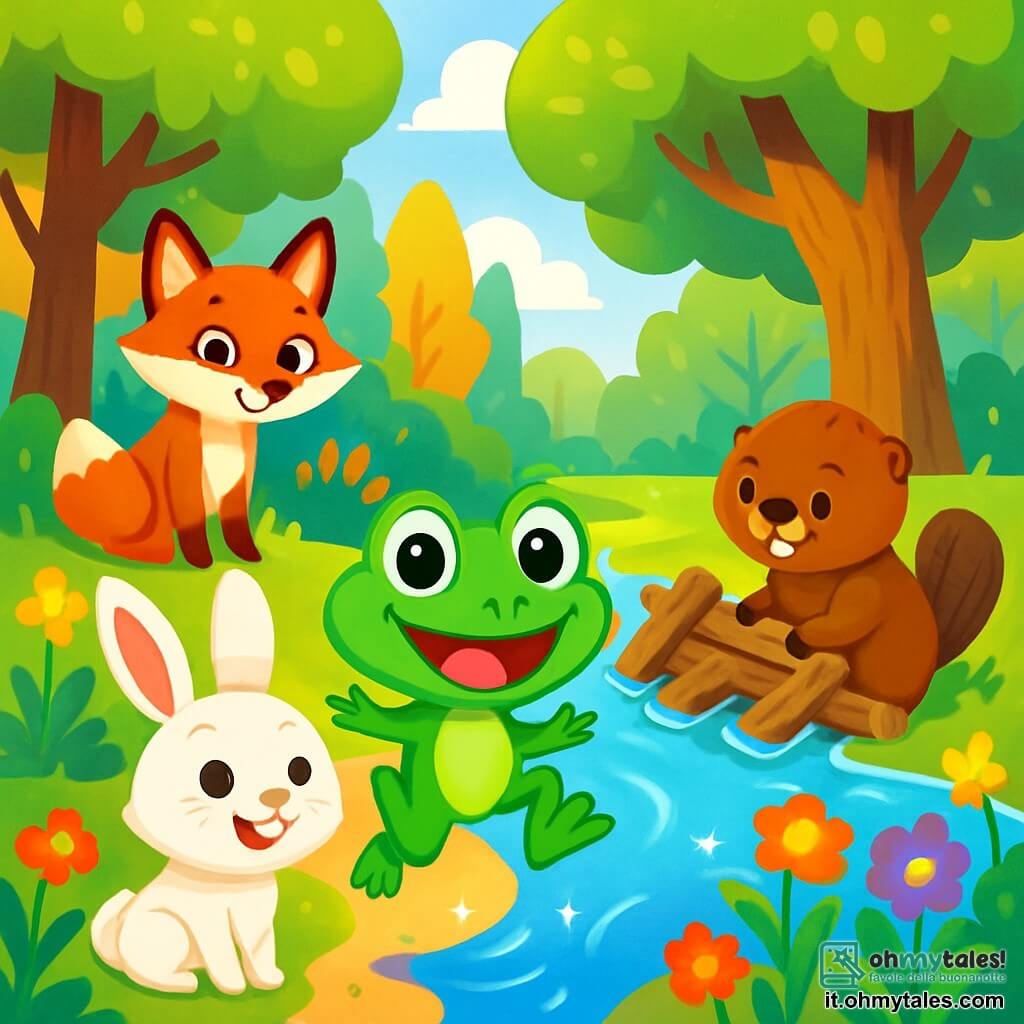 Una piccola rana verde, chiamata Lillo, con grandi occhi brillanti e un sorriso gioioso, salta felicemente sulla riva di un fiume scintillante. Accanto a lui, un coniglietto bianco, Bobo, con grandi orecchie e un pelo morbido, guarda Lillo con entusiasmo, pronto a seguirlo nell'avventura. Sullo sfondo, una volpe rossa, Mira, con una coda folta e occhi maliziosi, osserva la scena con curiosità, mentre un castoro robusto, Tito, costruisce una piccola diga di legno, concentrato sul suo lavoro. La scena si svolge in una foresta magica, con alberi alti e frondosi, le cui foglie brillano di mille colori sotto il sole, e fiori vivaci che costeggiano il sentiero. Lillo e i suoi amici si preparano a scoprire il segreto del fiume, che ha perso la sua magia, e sono determinati a salvarlo insieme.