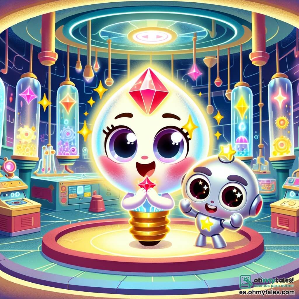 Una pequeña bombilla llamada Lila, con un cuerpo luminoso y ojos chispeantes, se encuentra alegremente en el centro de la escena, sosteniendo un cristal rojo brillante en sus pequeñas manos. Tiene una gran sonrisa en su rostro, mostrando su emoción y determinación. A su lado, un pequeño robot llamado Rocco, con una carcasa metálica plateada y ojos en forma de estrellas, mira a Lila con admiración, levantando los brazos en señal de victoria. Están en el Laboratorio de la Luz, un lugar futurista lleno de máquinas brillantes, tubos de colores y paredes de vidrio transparente que dejan entrever una ciudad iluminada afuera. La escena principal muestra a Lila y Rocco celebrando su éxito tras haber encontrado los cristales de luz, rodeados de una aura de magia y colores vibrantes, listos para devolver la energía a su ciudad.