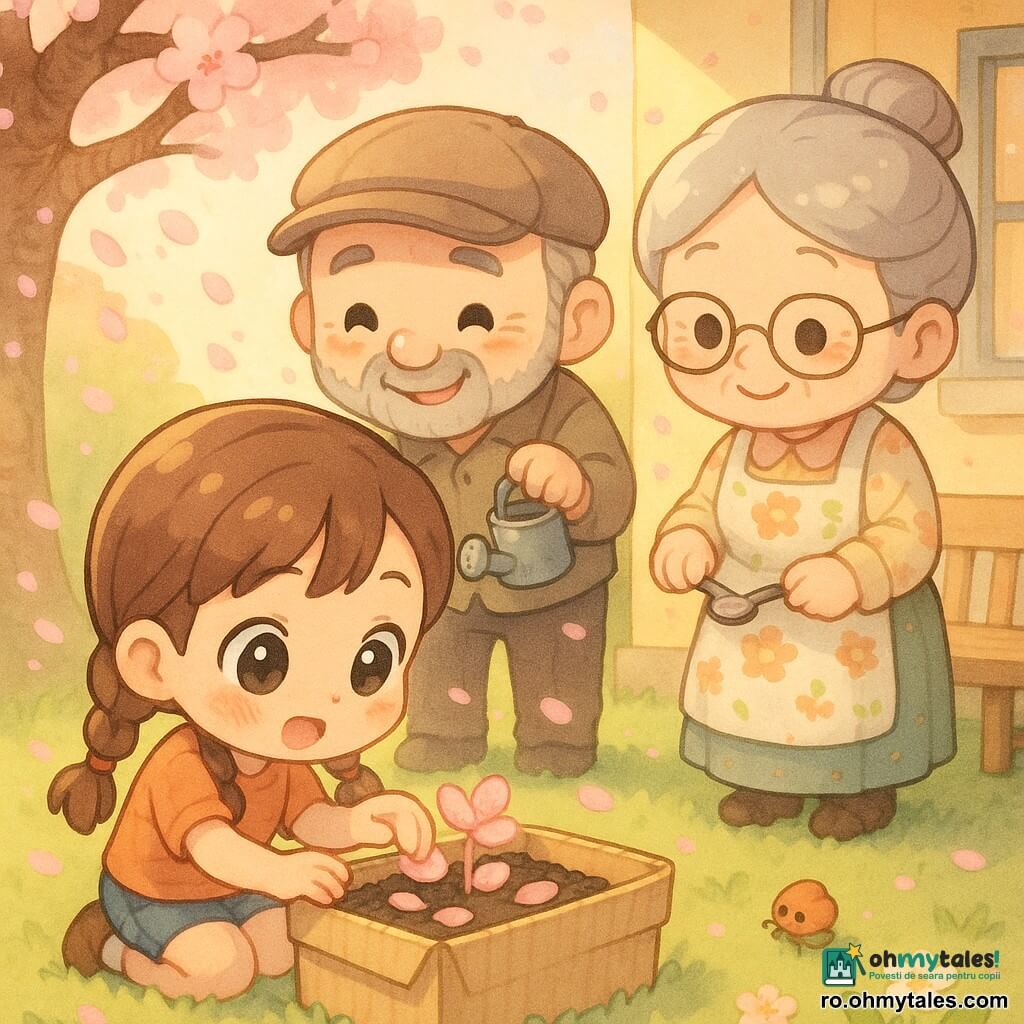 Fetiță de 10 ani cu păr brun împletit în două cozi, chip rotund, ochi mari și strălucitori, în genunchi lângă o cutie de carton, așezând petale roz peste pământ; bunica ~60 ani cu păr gri în coc, zâmbet cald, șorț cu flori, ține o linguriță și privește din dreapta lângă o bancă; bunicul ~65 ani cu șapcă uzată și barbă scurtă, jovial, ține un mini-stropitor în spatele fetei, gata să ude; curte însorită cu iarbă tăiată și un cireș înflorit din care cad petale roz, cutia pe pervaz; scena intimă și caldă: fetița creează un mini-grădină într-o cutie de pantofi, pune petale, bunicul pregătește apa, bunica încurajează; culori pastel (roz pal, verde delicat, galben miere), lumină blândă de amurg; stil chibi kawaii, proporții exagerate, contururi clare, umbre moi și detalii drăguțe (flori, picături de apă, insectă prietenoasă).