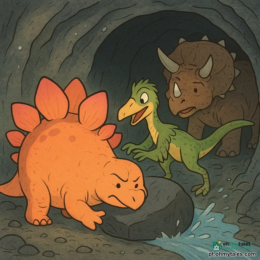 Um estegossauro jovem e arredondado, com placas largas luminescentes rosa‑alaranjadas, concentra‑se e empurra com todas as patas uma pedra escura presa na entrada de um túnel; atrás dele, um velociraptor magro e ágil de penas verdes e amarelas incentiva e empurra de lado com um sorriso malicioso; no fundo do túnel, um tricerátopo idoso, maciço e rugoso, observa ofegante e aliviado com gratidão; a caverna estreita de rochas cinzentas tem gotas cintilantes e um fio de água azul clara que tenta passar por trás da pedra, enquanto a luz quente das placas ilumina as paredes úmidas em faixas suaves, criando uma atmosfera tensa e acolhedora — esforço coletivo cheio de esperança para liberar a pedra e deixar a água jorrar, com respingos, risos e gotículas iluminadas.