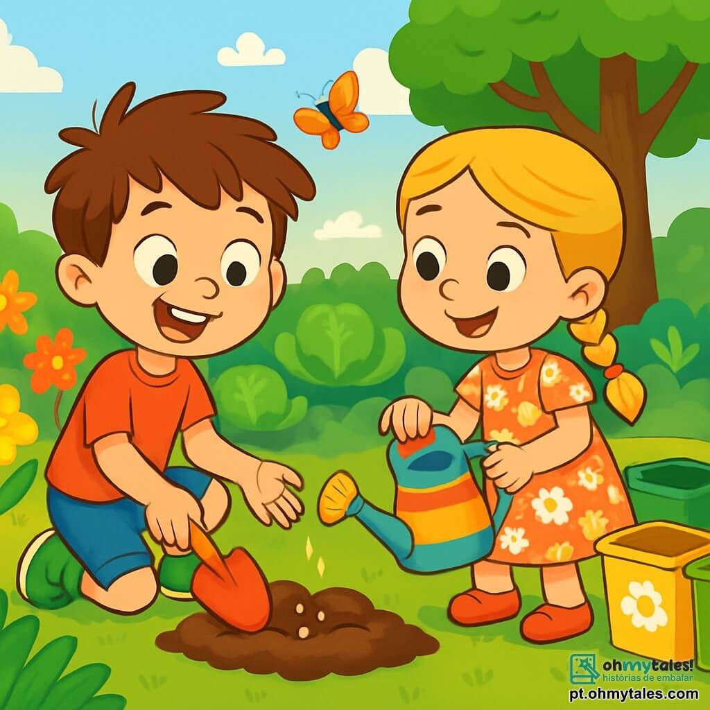 Um menino de 6 anos, Tomás, com cabelos castanhos bagunçados e olhos brilhantes de alegria, está agachado em um jardim ensolarado, segurando uma pequena pá de plástico. Ele sorri amplamente, demonstrando seu entusiasmo pela natureza. Ao seu lado, sua melhor amiga Matilde, uma menina de 6 anos com cabelos loiros trançados e um vestido florido, segura um regador colorido e observa Tomás com admiração. Ao fundo, o jardim é repleto de flores vibrantes, legumes verdes e árvores majestosas, com borboletas voando ao redor. A cena principal mostra Tomás e Matilde plantando sementes na terra, cercados por caixas de reciclagem coloridas, ilustrando seu compromisso em proteger a natureza e criar uma bela horta.