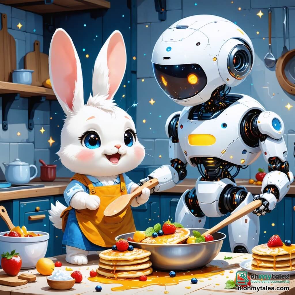 Un adorabile coniglietto con pelo bianco come la neve e occhi blu pieni di curiosità si trova al centro dell'immagine, tenendo un cucchiaio di legno e sorridendo con entusiasmo, pronto a cucinare pancake colorati. Accanto a lui, un robot amichevole, alto e snodato, con un corpo in metallo lucido e occhi luminosi, guarda con eccitazione, con le braccia alzate in segno di incoraggiamento, mentre tiene una grande ciotola piena di ingredienti scintillanti. Lo sfondo è una cucina futuristica di Meccania, con muri in metallo scintillante decorati da circuiti colorati e luci lampeggianti, mentre pancake danzano gioiosamente in una grande padella fluttuante. La scena principale mostra il coniglio e il robot intenti a preparare una ricetta magica, circondati da pancake arcobaleno che saltano in aria, creando un'atmosfera gioiosa e dinamica, piena di colori vivaci e magia.