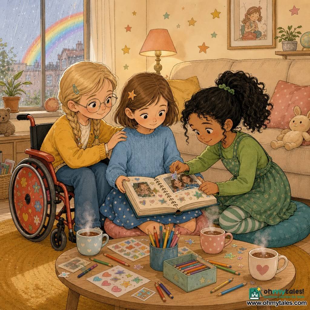 Three 8-year-old girls: a light brown bob with a star clip in a sky-blue sweater and polka-dot skirt sits center on a cushion holding an open photo album; a blonde with braids, round glasses and a yellow cardigan sits left in a red wheelchair, looking at the photos and comforting the first with a hand on her shoulder; a high ponytail of curly black hair in an apple-green dress with striped tights leans in from the right, sticking a shiny sticker on a photo and smiling. They are in a warm, childlike living room with cream walls and star stickers, a beige sofa, a light-wood coffee table scattered with crayons, stickers and mugs of hot chocolate, a wide window showing light rain and a small rainbow, and a mustard round rug. The three friends share the photo album, adding stickers and consoling each other, soft warm light, tender expressions mixing tears and smiles, pastel palette and pencil textures in a European comic style.
