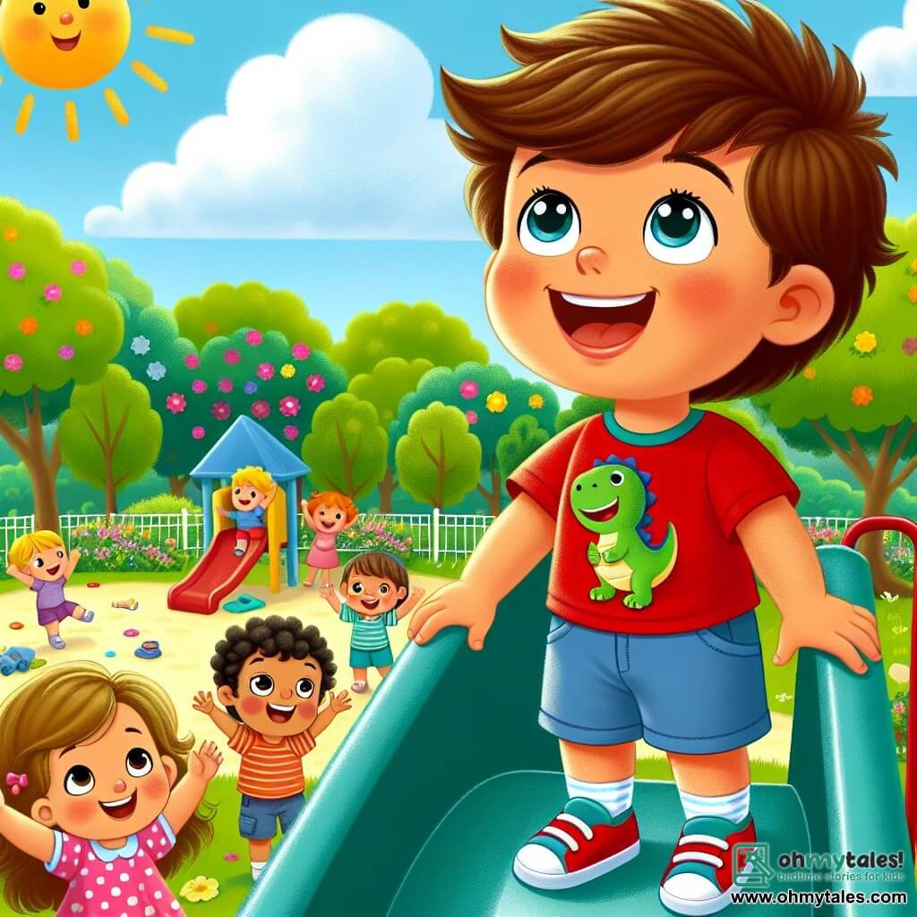 A 4-year-old boy named Sammy stands at the top of a large slide. He has big bright eyes and a wide smile showing his pride and confidence. He wears a red t-shirt with a small dinosaur and blue shorts, his brown hair is messy. Next to him, Lily, a 4-year-old girl with curly hair in a polka dot pink dress, encourages him with a big smile. She sits at the bottom of the slide, arms raised to cheer Sammy on. Max, a 4-year-old boy wearing glasses and a green t-shirt, stands a bit further away, looking admiringly, ready to congratulate him. The scene takes place in a sunny park with lush green trees and colorful flowers around. The sky is blue with a few fluffy white clouds, and children are happily playing in the background. Sammy, full of courage, is about to slide down, ready for a new adventure while his friends cheer him on enthusiastically.